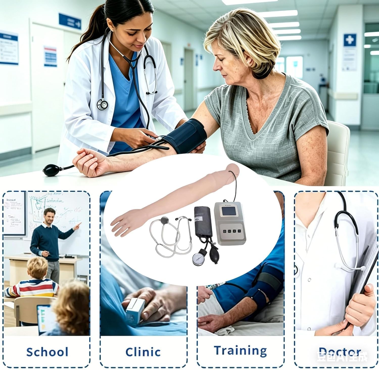 Advanced Blood Pressure Training Arm Model Kit with LCD Display, Gap Sounds, Cuff & Stethoscope for Nursing Training Teaching Education Supplies
