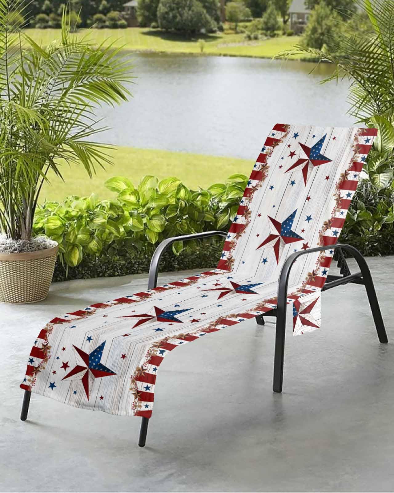Beach Pool Patio Lounge Chaise Chair Cover Towel With Pockets,Vintage Western Absorbent & Quick Dry Microfiber Towel Cover Bag Summer Travel Accessories for Sunbathing Country Berry Star Rustic Wooden