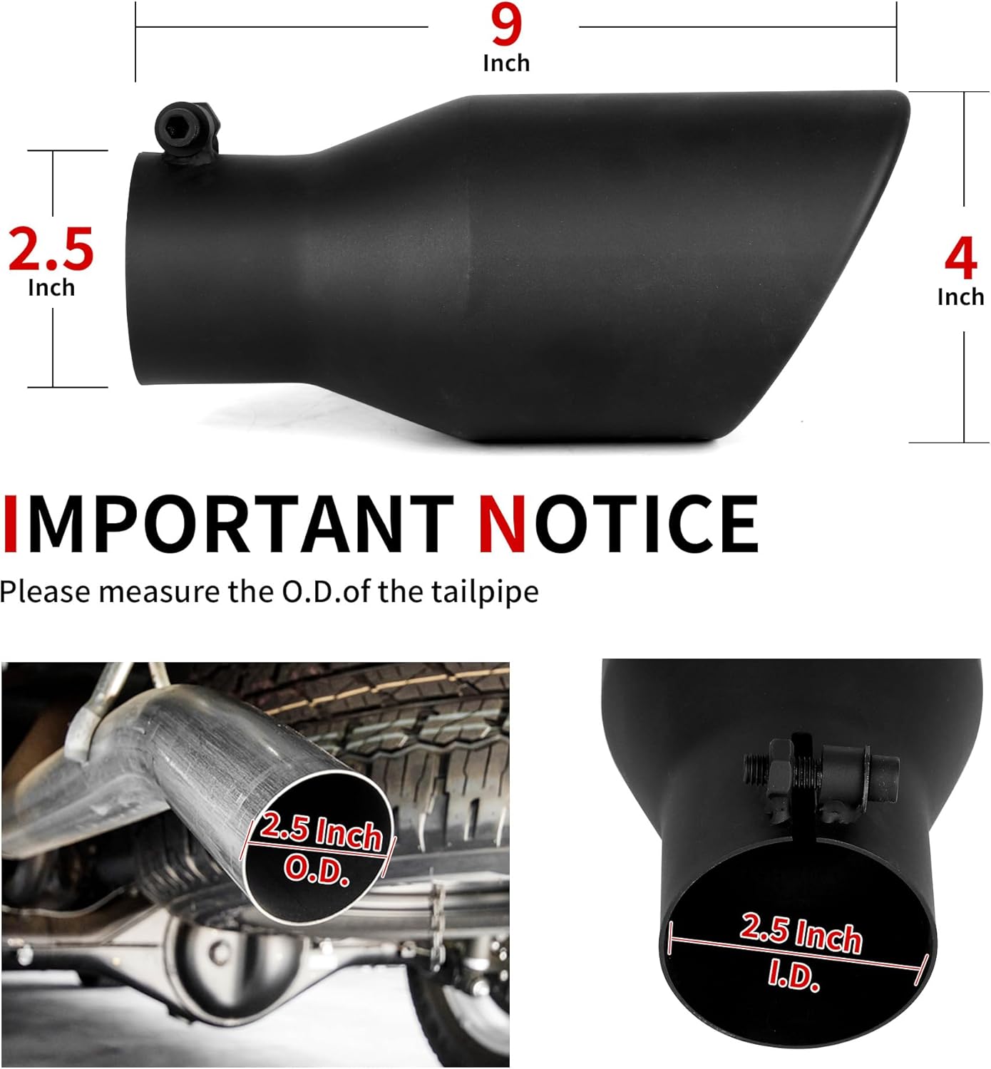 Richeer 2.5 Inch Exhaust Tip, 2 1/2" Inlet 4" Outlet 9" Length Stainless Steel Exhaust Tip with Black Powder Coated Finish Universal for Vehicles with 2.5" O.D. Tailpipe, Bolt on