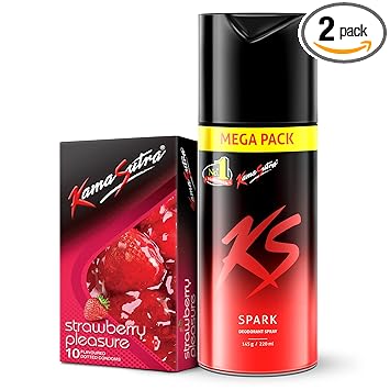 KamaSutra Spark Deodorant Mega Pack 220 ml and Strawberry Flavoured Condoms 10 Count