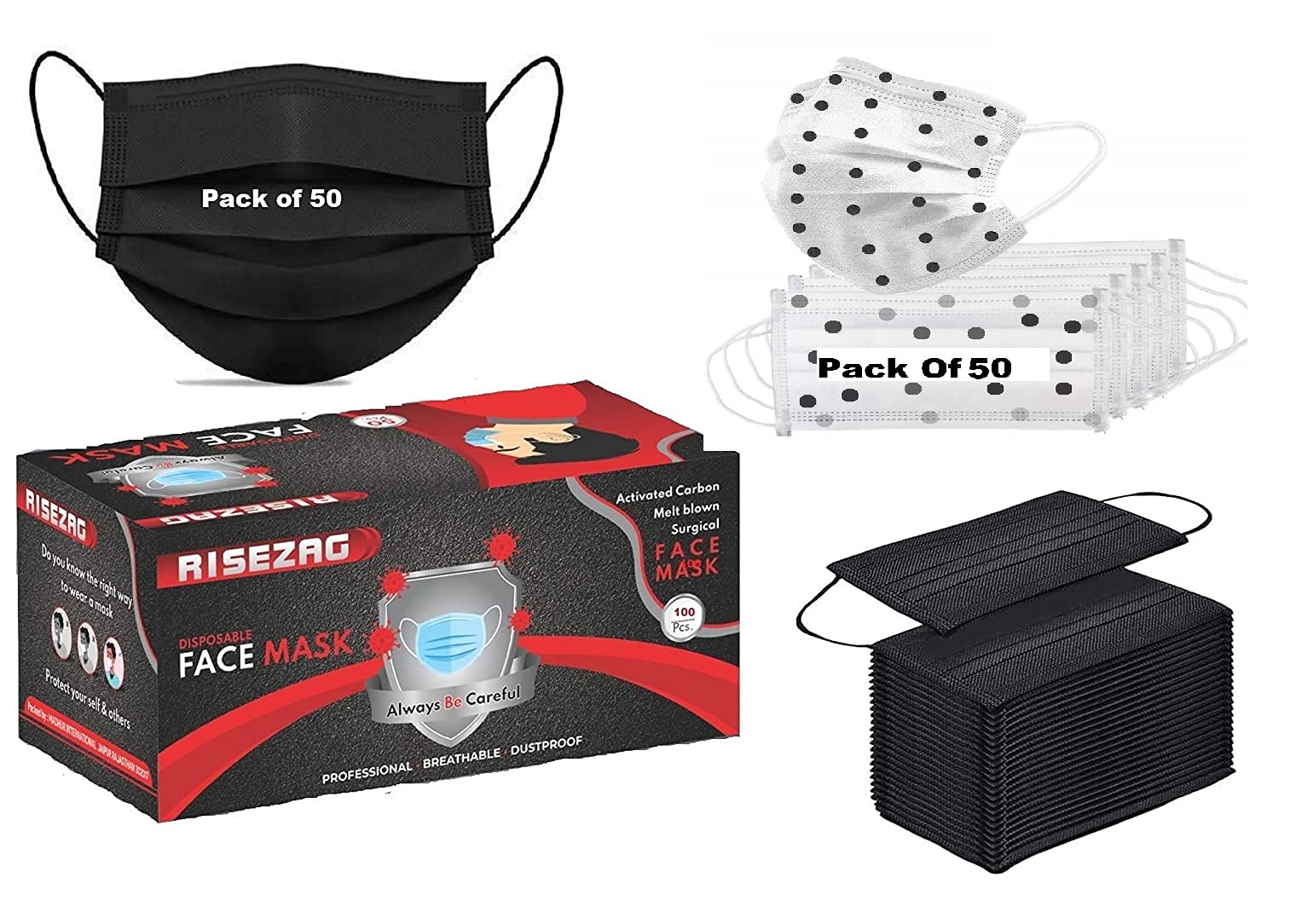 Risezag Dot Printed Masks for Women Surgical 3 Layer Masks with Nose Clip Black White Disposable Pack of 100 Pieces Pcs Pin 3 Ply Face Masks Comfortable Earloop 3 Layers Use and Throw Masks Combo 3Ply (B09BG2M49F) Amazon Price History, Amazon Price Tracker
