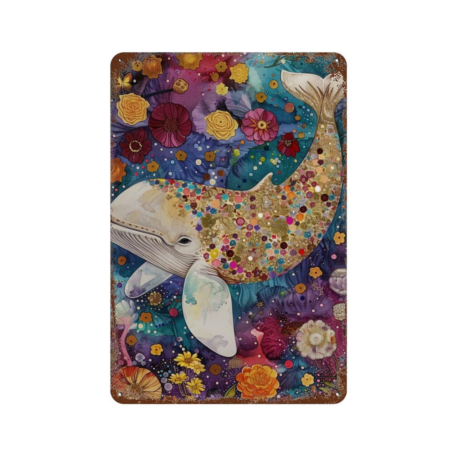 Rust Effect Whale with Flowers Art Print-1 Aged Metal Wall Plaque 11.8"x7.9", Shabby Chic Decor for Living Room, Hallway And Home Decor
