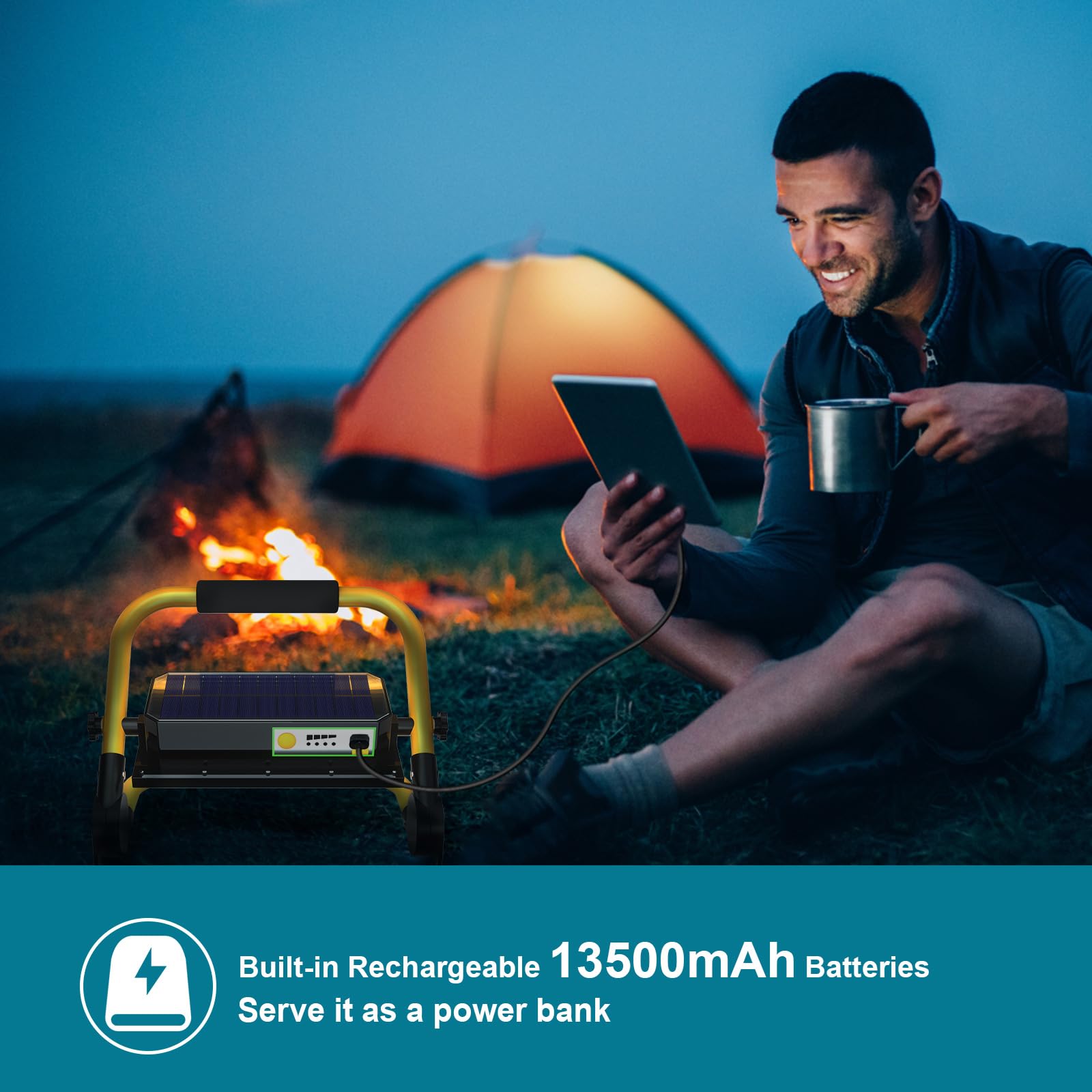ERAY Faro LED Ricaricabile, Faretto LED da Cantiere Portatile 8000LM/13500mAh/4 Modalità/Telecomando/72 LEDs/Pannello Solare, Faro LED Batteria Ideale per Campeggio, Riparazione, Pesca
