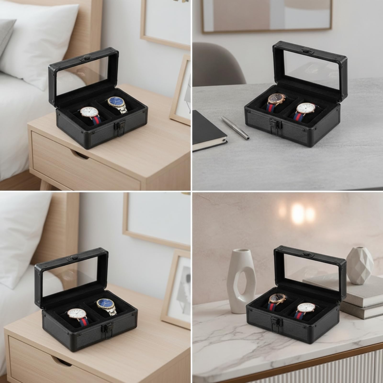 Estuche Doble para Relojes Caja Organizador Vitrina Exhibidor con Ventana Transparente y Compartimentos Contorneados Cierre Delantero Fiable, Plata, Redondo