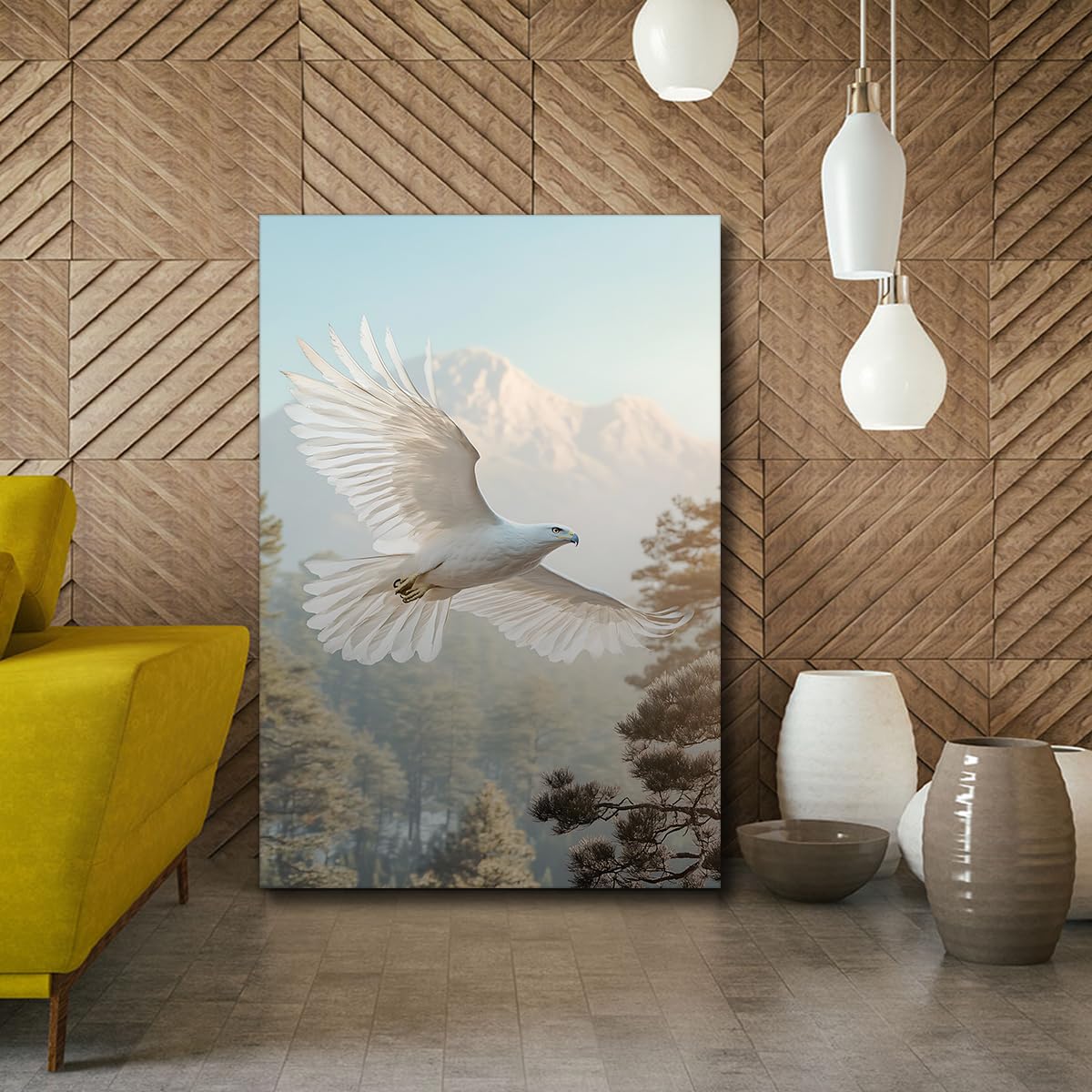 CHERHERART Affiche en toile de vol de l’aigle blanc Forêt de pins enneigés Peinture murale de la faune Inspirant toile de nature Tirages pour bureau 80x120cm sans cadre