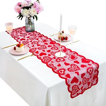 Ayieyill Valentines Day Decorations Set-Valentines Day Table Runner13 x 72 Inch Red Lace Table Runner for Wedding Party, Valentines Decorations - Valentines Day Decor Home Heart Table Runner
