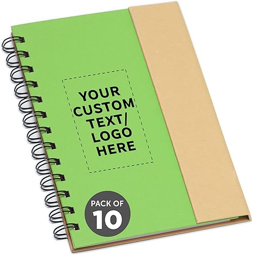 DISCOUNT PROMOS Juego de 10 cuadernos de espiral ecológicos personalizados con bolígrafos, paquete a granel personalizado, perfecto para la escuela,