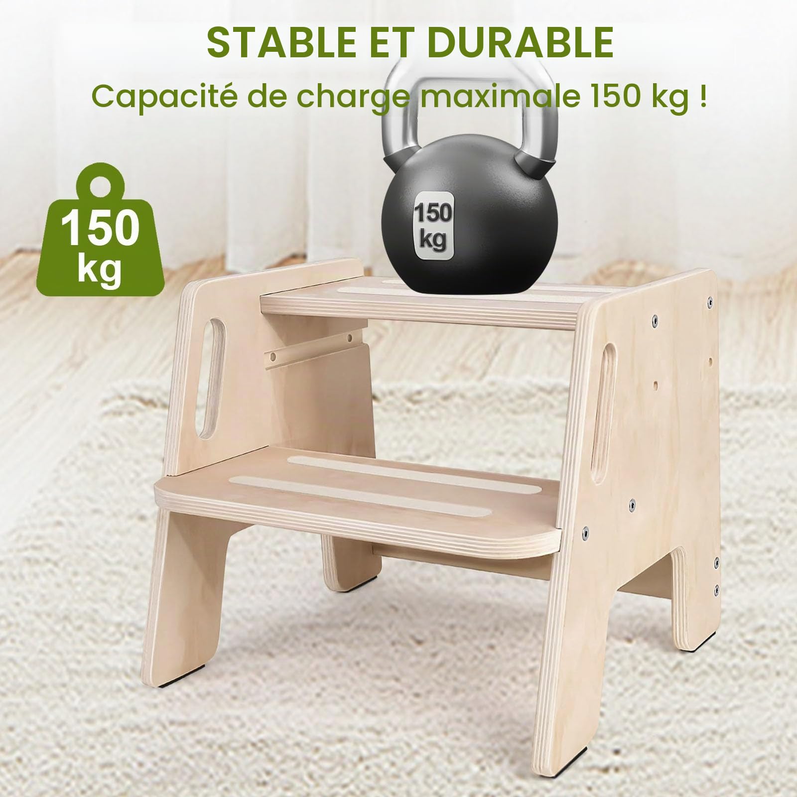 Kottwca Marchepied pour enfant, 2 marches, antidérapant, en bois, avec poignée, charge maximale : 150 kg, pour salle de bain, lavabo, cuisine, chambre d'enfant, chambre à coucher