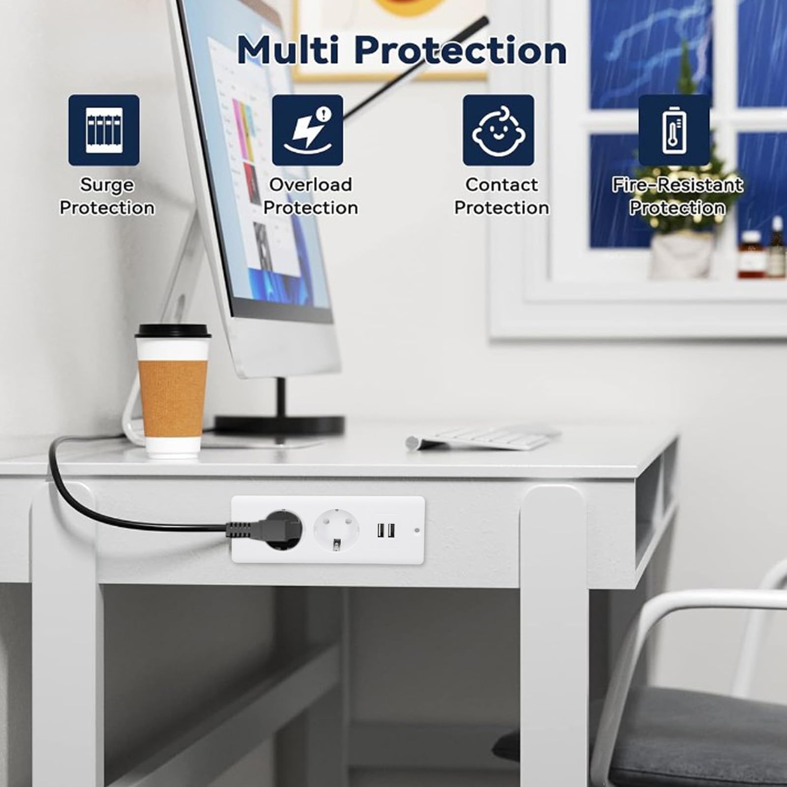Hub di Alimentazione Presa Multipla Scrivania Incasso 2 USB 2 Porte CA 230-265 V 10A Tavolo Incorporata Spina UE per Attrezzature Meccaniche per Mobili (WHITE)