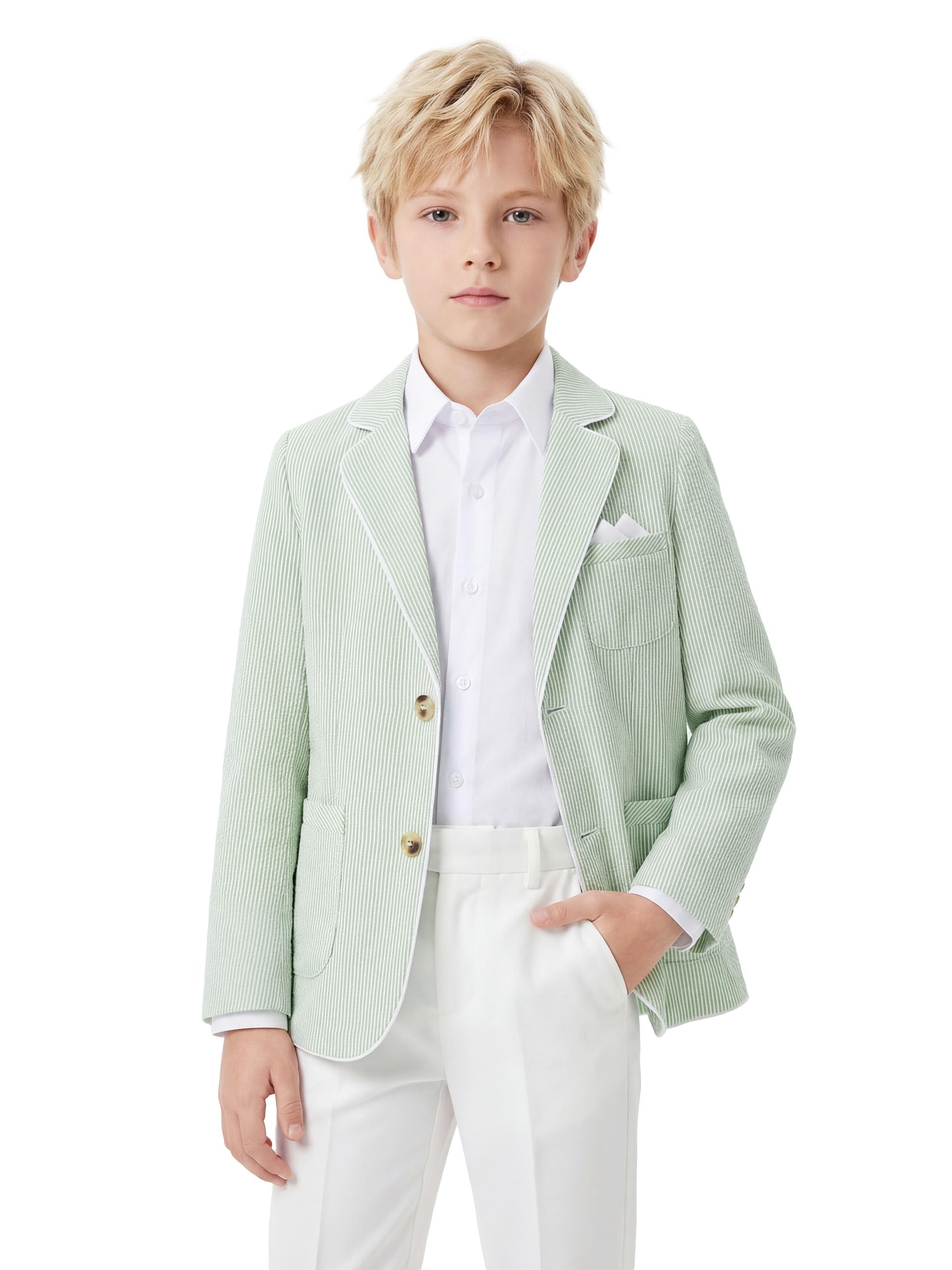 LOLANTA Blazer en Seersucker Respirant pour Enfants, Veste de Costume rayée élégante pour garçons, pour Occasions décontractées d’été, 7-13 Ans