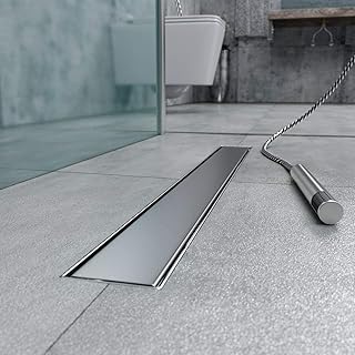 Duschrinne h-g17-800, Siphon mit Geruchsstop und Haarsieb, Randablauf, Größen 30cm - 120cm, Edelstahl Ablaufrinne, Bodenablauf, Duschablauf sehr flach, Komplettset mit Bodenbefestigung Flat 80cm