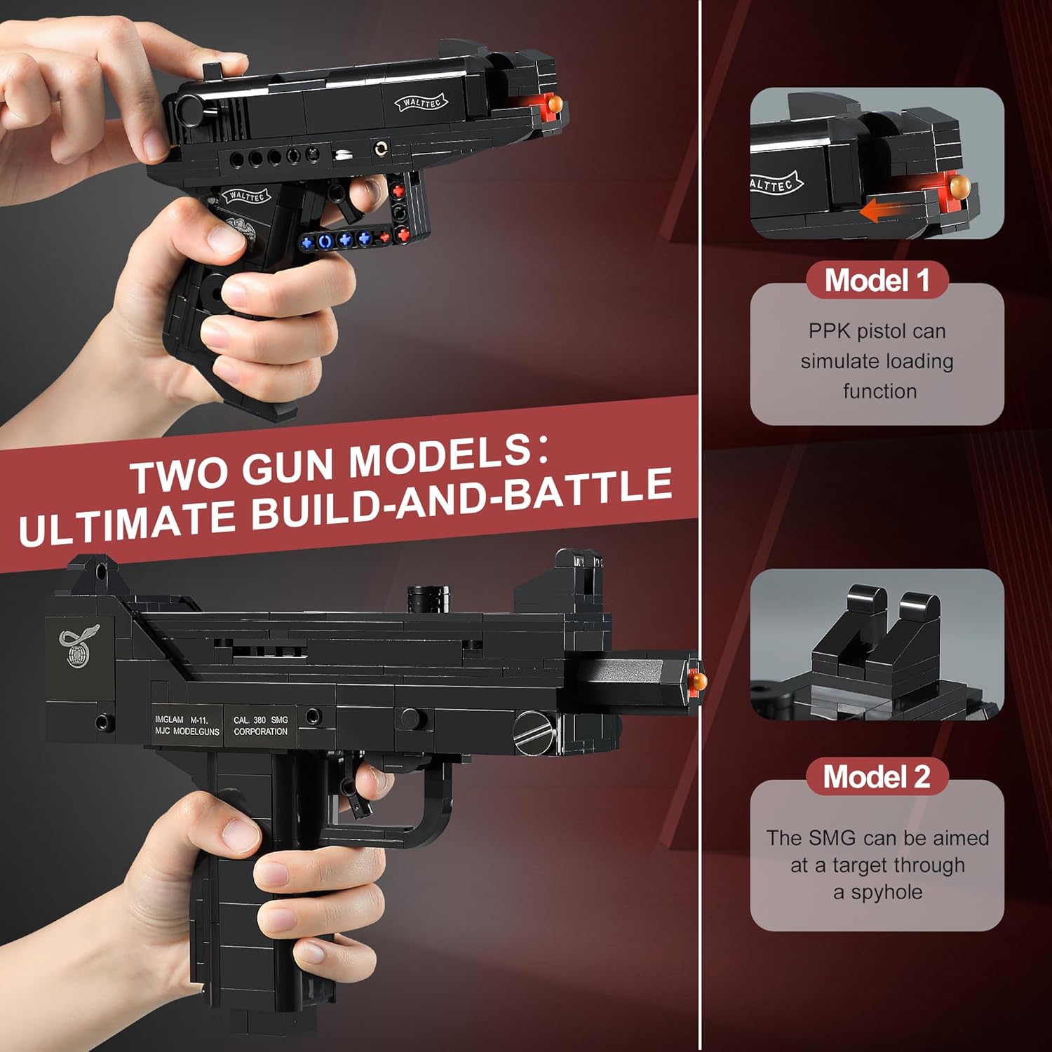 Walther PPK & MAC-10 Building Blocks Gun Sets Compatible with Lego, Featuring 2 Guns Models, Gift Ideas for Military Fans, Kids 8+ & Adults