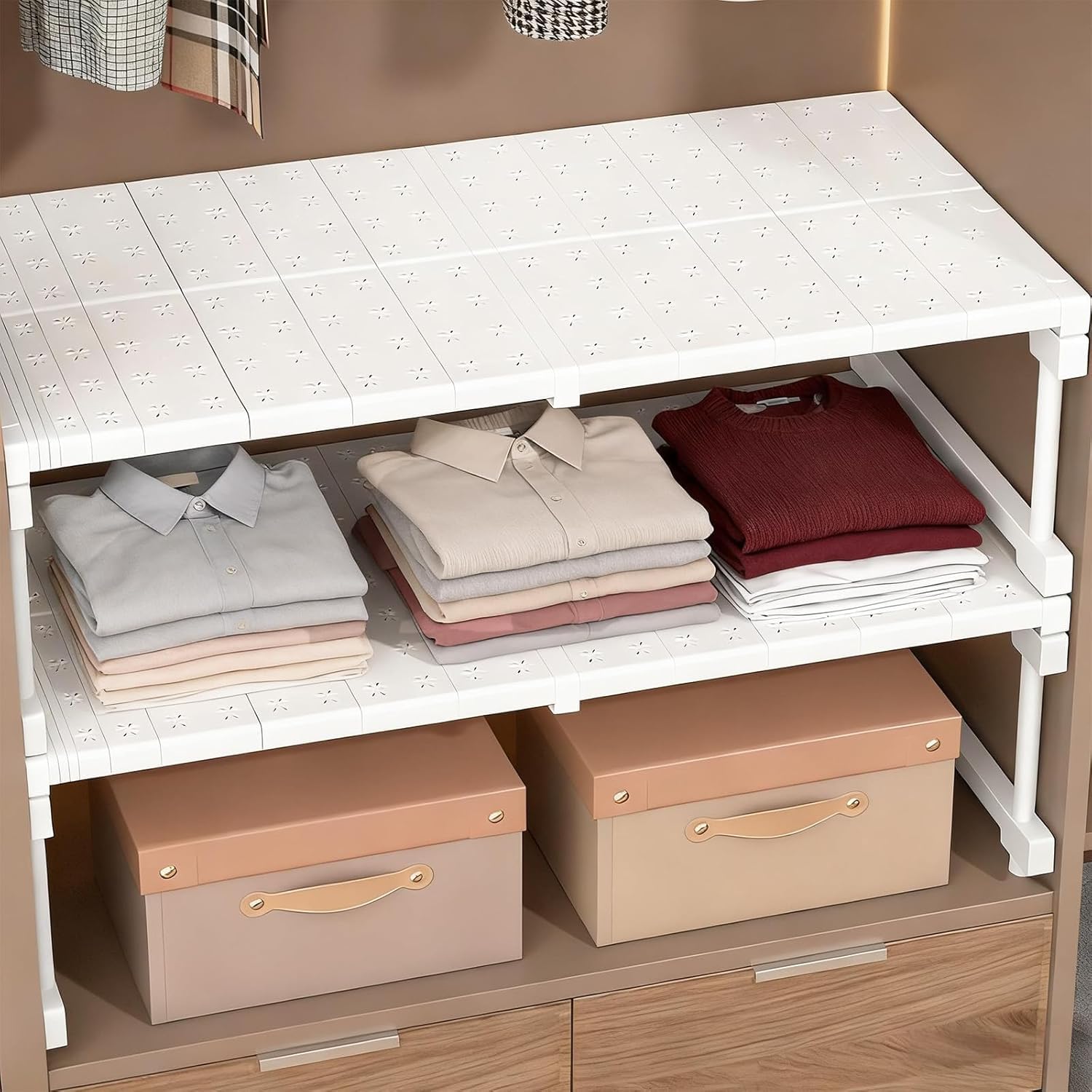 Expandable Closet Shelf, Stackable 121lb Load Bearing Divider Storage Rack Adjustable Organizer for Closet Cabinet Cupboard Bathroom