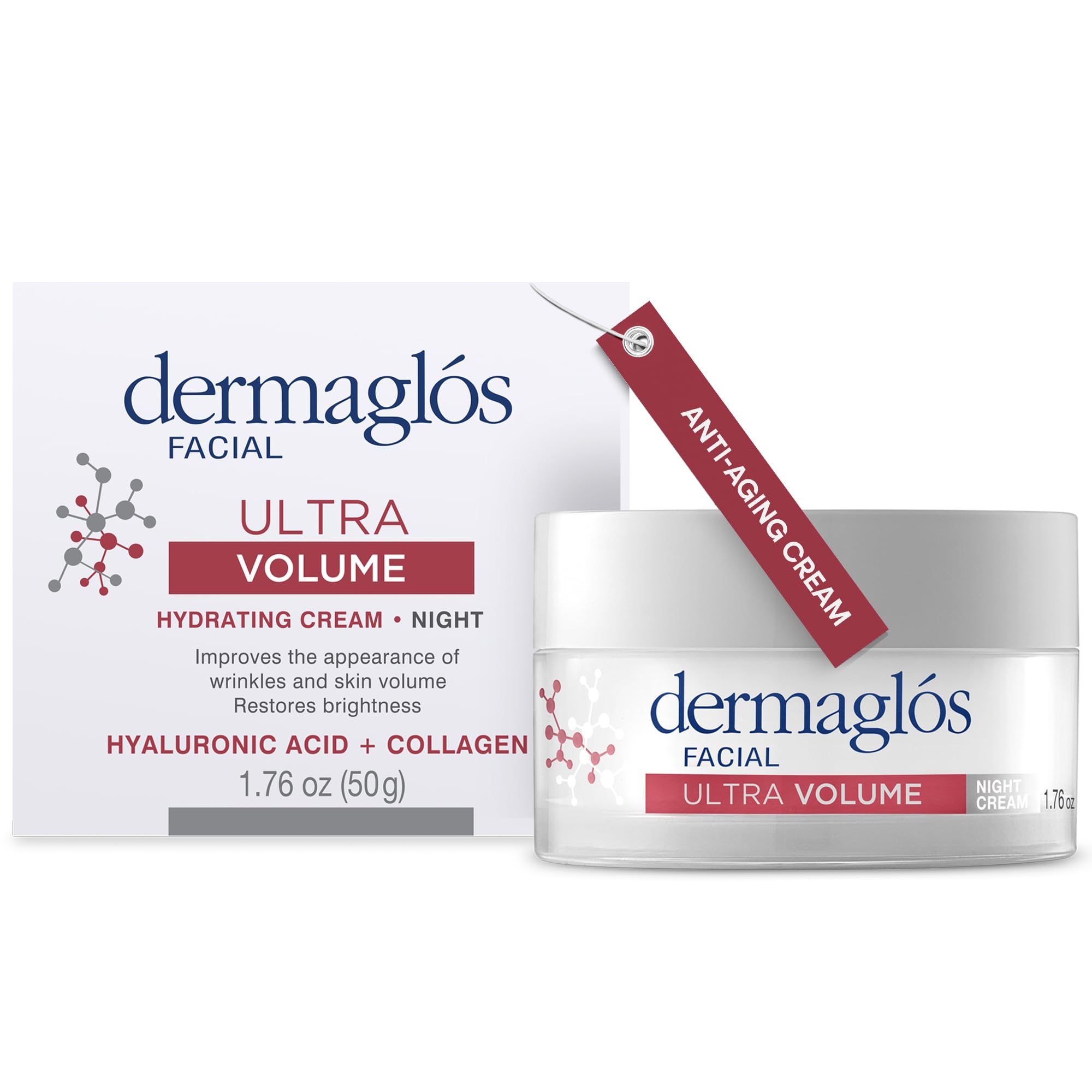 Dermaglos Ultra Volume Anti-Aging Night Cream with Hyaluronic Acid, Collagen and Niacinamide, Hydrating and Firming Face Moisturizer, Improves the Appearance of Wrinkles & Skin Volume, 1.76 Oz