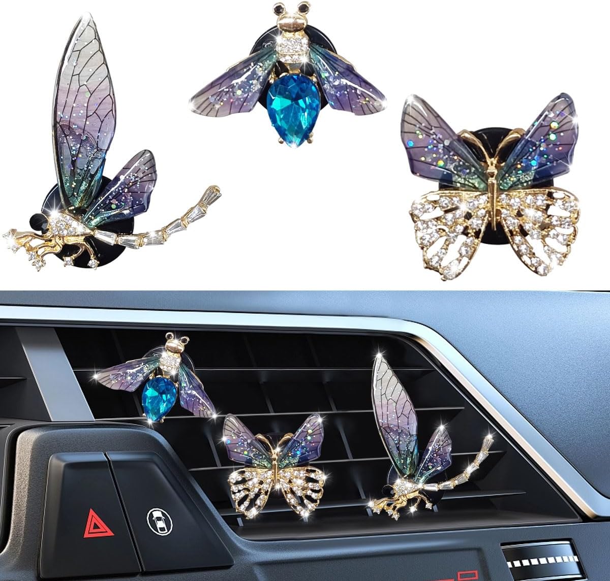 3PCS Bling Car Air Vent Clips - Crystal Rhinestone Bee Butterfly Dragonfly Air Conditioning Outlet Clip Charm for Car Dashboard - Cute Auto Interior Decoration for Women (Green)