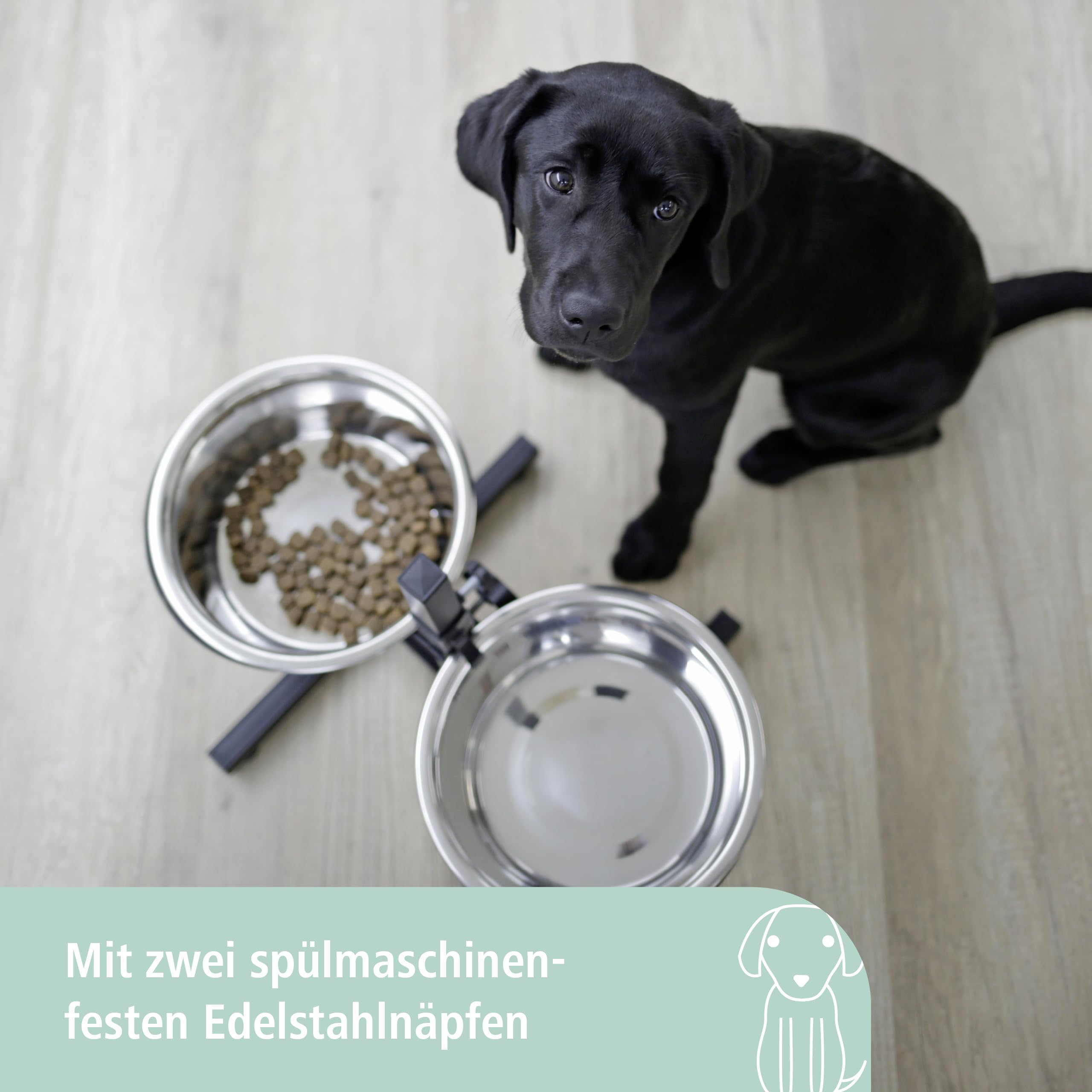 Kerbl Pet Futterbar, Hundenapf, schwarz, 54x27x43cm, 2x1800ml, Stahlgestell, Hunde, 2X Edelstahlnapf, stufenlos höhenverstellbar, erhöhter Futternapf