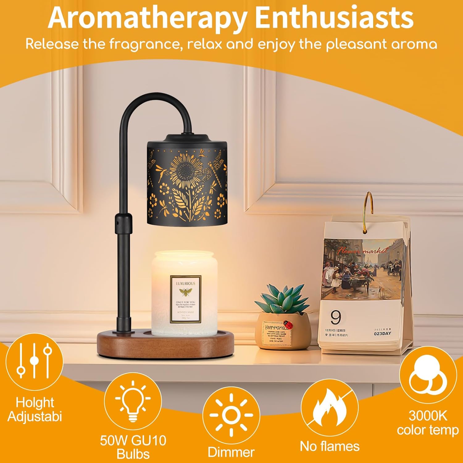 Dimmable Candle Warmer Lamp with Timer Adjustable Height for Scented Jar Candles Electric Candle Wax Melt Warmer for Home Decor Christmas Birthday Gifts for Women Mom(Sunflower+Dragonfly) - Image 5