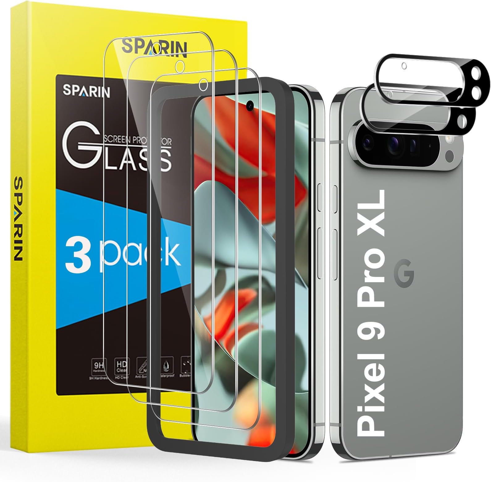 SPARIN Screen Protector for Google Pixel 9 Pro XL,[3+2 Pack] Pixel 9 Pro XLTempered Glass & 2 Pack Camera Lens Protector, Case Friendly/Alignment Frame, 6.8 Inches