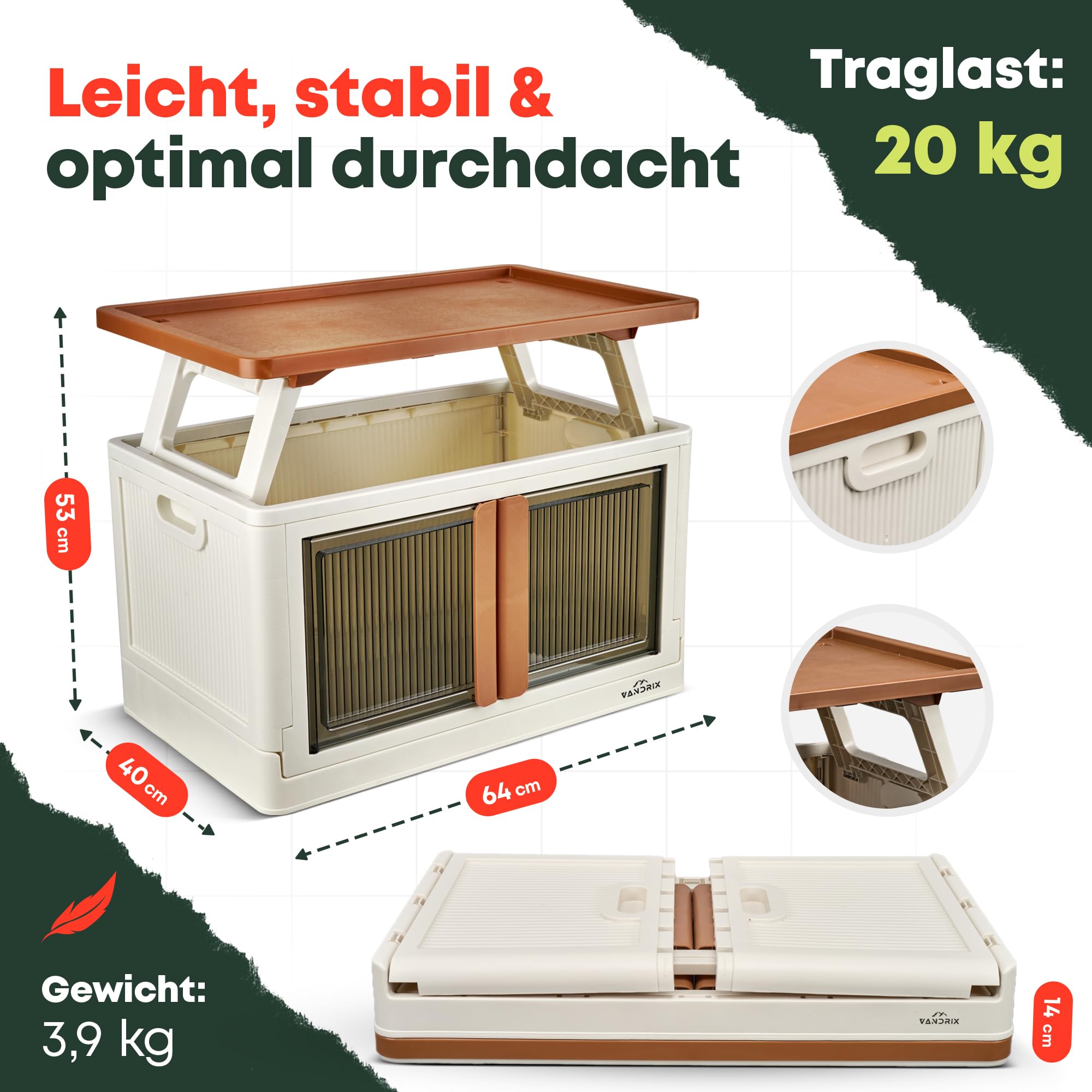 VANDRIX Campingschrank faltbar mit Tischfunktion – Ultraleicht (3,9 kg), in 1 Min. aufgebaut, wetterfest, 20 kg Traglast, stabil auf Sand/Kies, ideal für Vanlife, Zelt & Outdoor Reisen