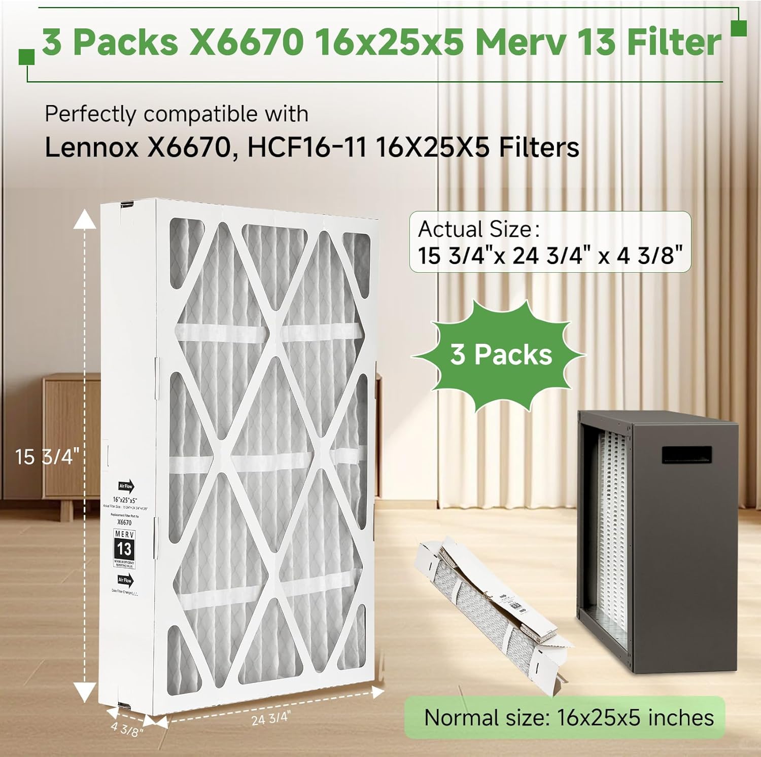 3 Packs,Upgrade X6670 Merv 13 16x 25x 5 Expandable Furnace Filter Compatible with Lennox X6670, HCF16-11,HCF16-10,HCC16-28 and Honeywell FC100A1029