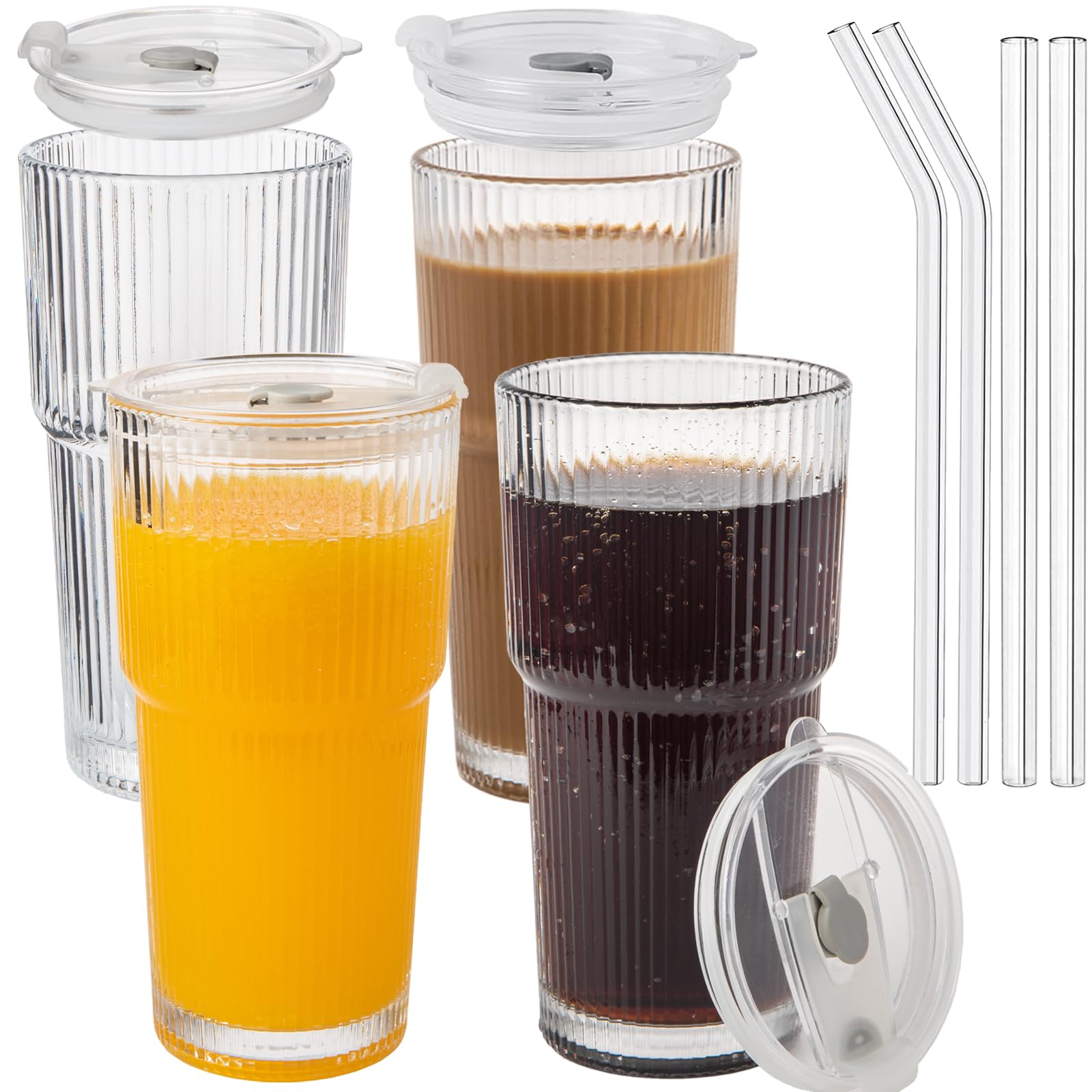 CAYOREPO 20oz Ribbed Glass Cups with Lids and Straws 4 Set, Vintage Glassware for Whiskey Cocktail Beer, Glass Tumbler, Iced Coffee Cups For Cold Drinks, Smoothie, Juice,Drinking (4)