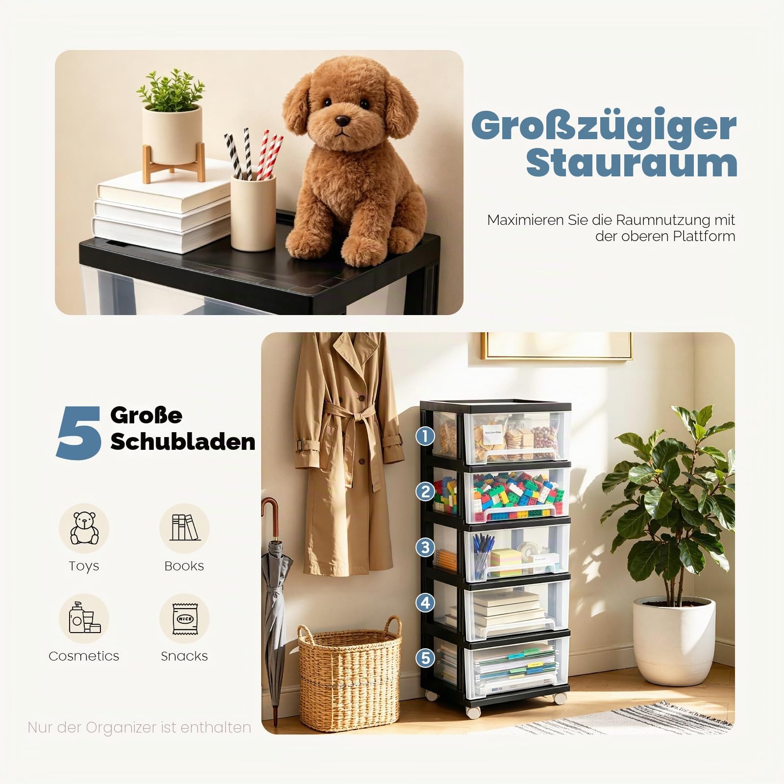 Kunststoff Schublade Transparent Schubladenschrank mit 5 Schubladen und Rollen Rollwagen Rollcontainer Bürocontainer Rollbar Kommode Organizer
