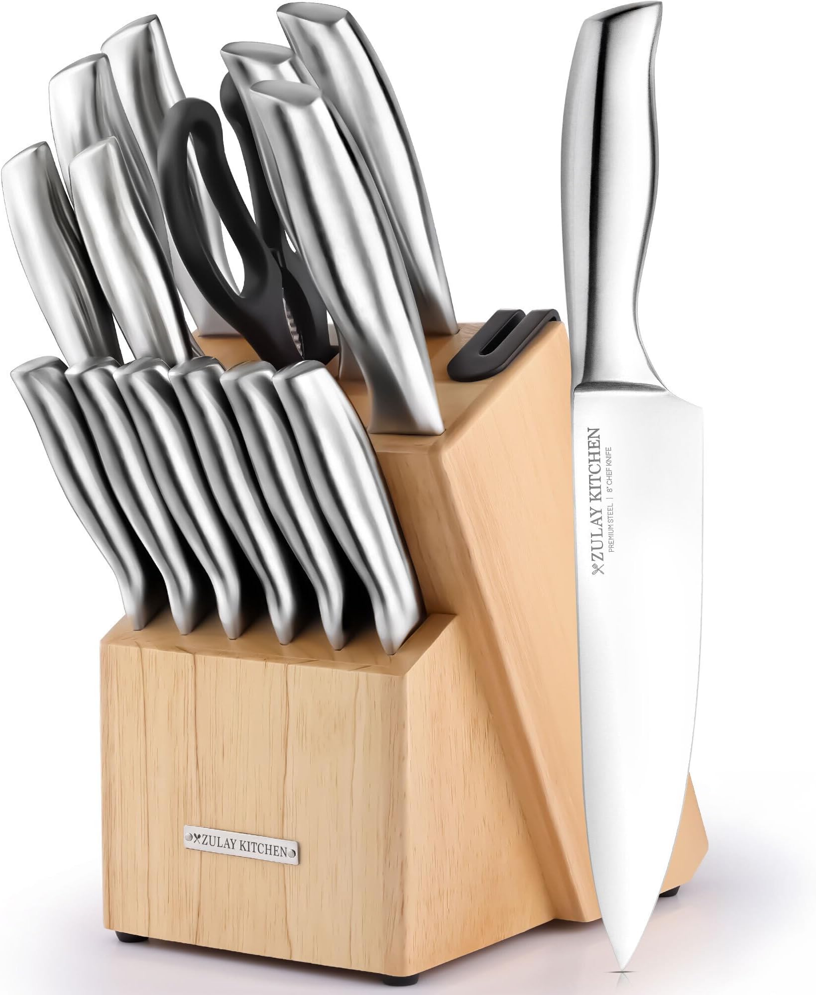 Zulay 15-Piece Stainless Steel Kitchen Knife Set with Built-in Sharpener – Ultra Sharp, Rust-Resistant Knives in Natural Wood Block