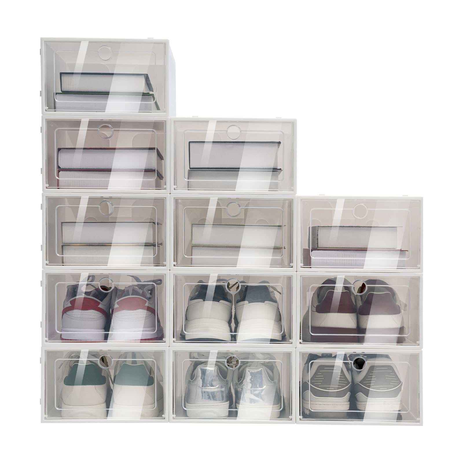 Caja de zapatos apilable transparente de plástico, cajas de zapatos mejoradas para mujer/hombre, caja de almacenamiento multifuncional con tapa, 33 x 23 x 14 cm (24 unidades)