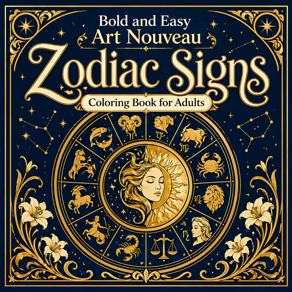 Bold and Easy Art Nouveau Zodiac Signs: Coloring Book for Adults with Astrology Symbols, Star Signs and Mystical Patterns