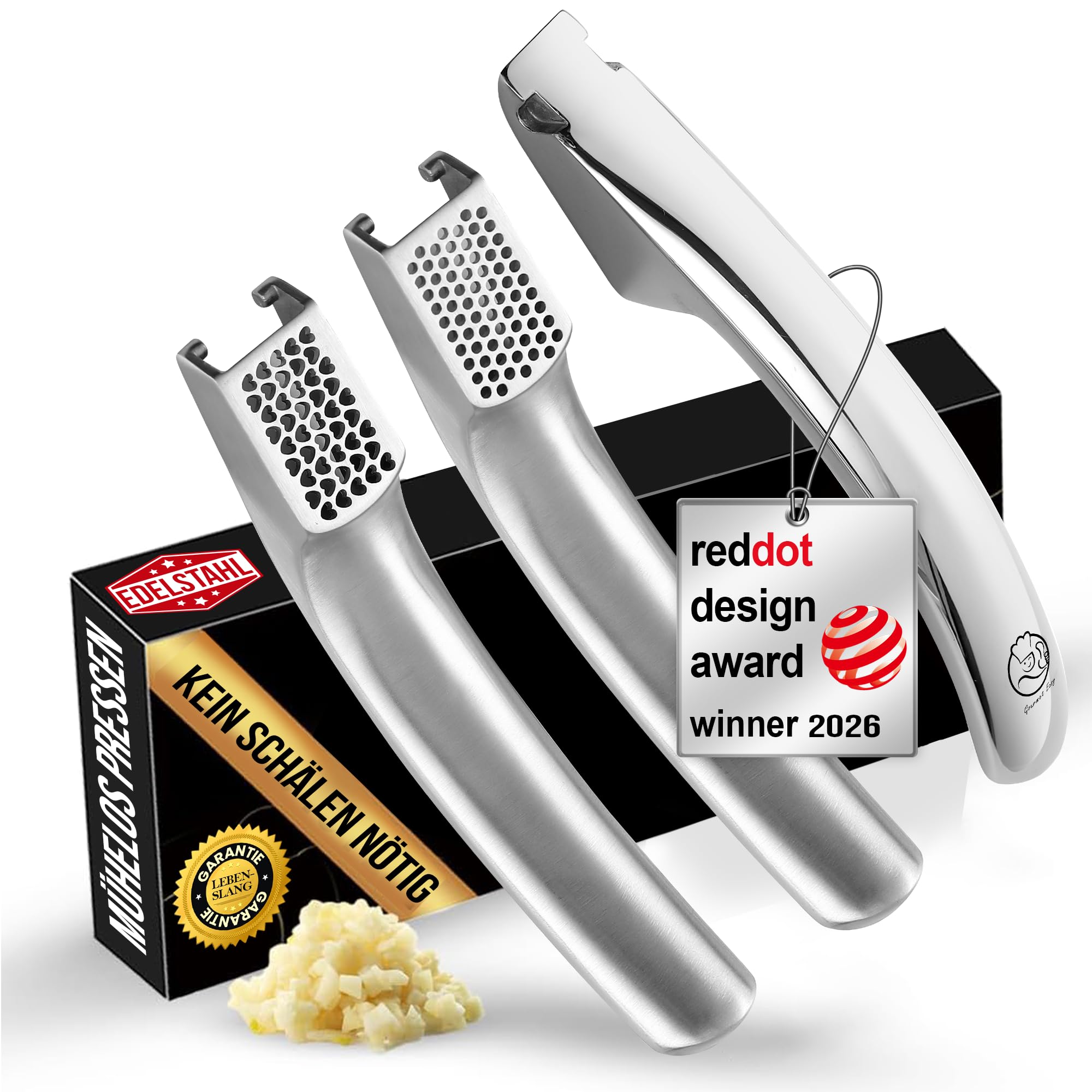 Gourmet Easy Knoblauchpresse, 2 Aufsätze, ohne Schälen, lebenslanger Ersatz | Robuste Knoblauchpresse Edelstahl mit 2 Aufsätzen für feines & grobes Hack, ergonomischer Griff, spülmaschinenfest