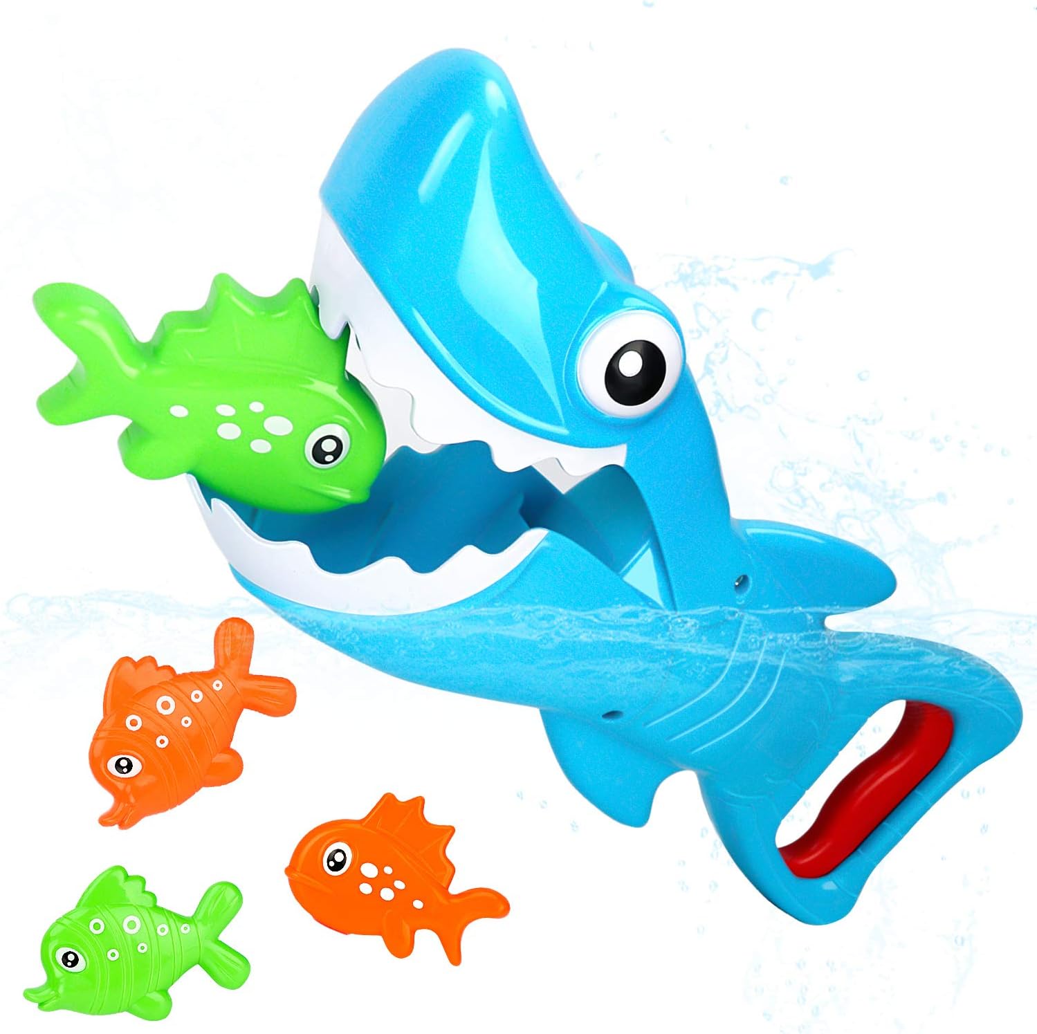 Bammax Bath Toys, Shark Grabber Baby Bath Toy Set Bathtub Toy, Great White Shark with Teeth Biting Action Include 4 Floating Fish Pool Bathroom Bath Toy Game for Toddler Infant Kid Water Toys