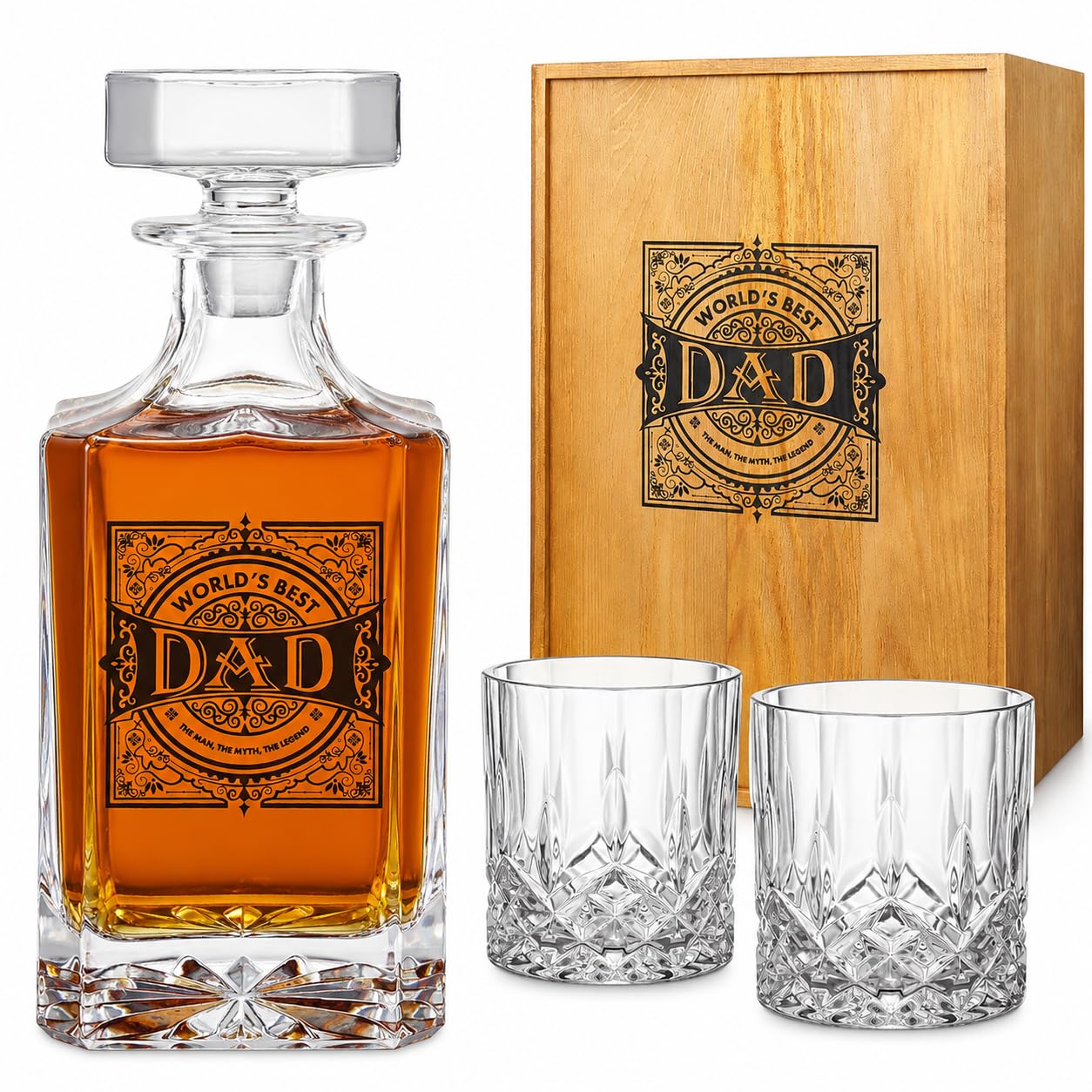 Unique Whiskey Decanter Set with 2 Glasses 730mL Decanter and 2 Whiskey Glass + Wood Gift Box, Gifts from Daughter Son, Best Granddad Birthday Winter Retirement Dads Gift