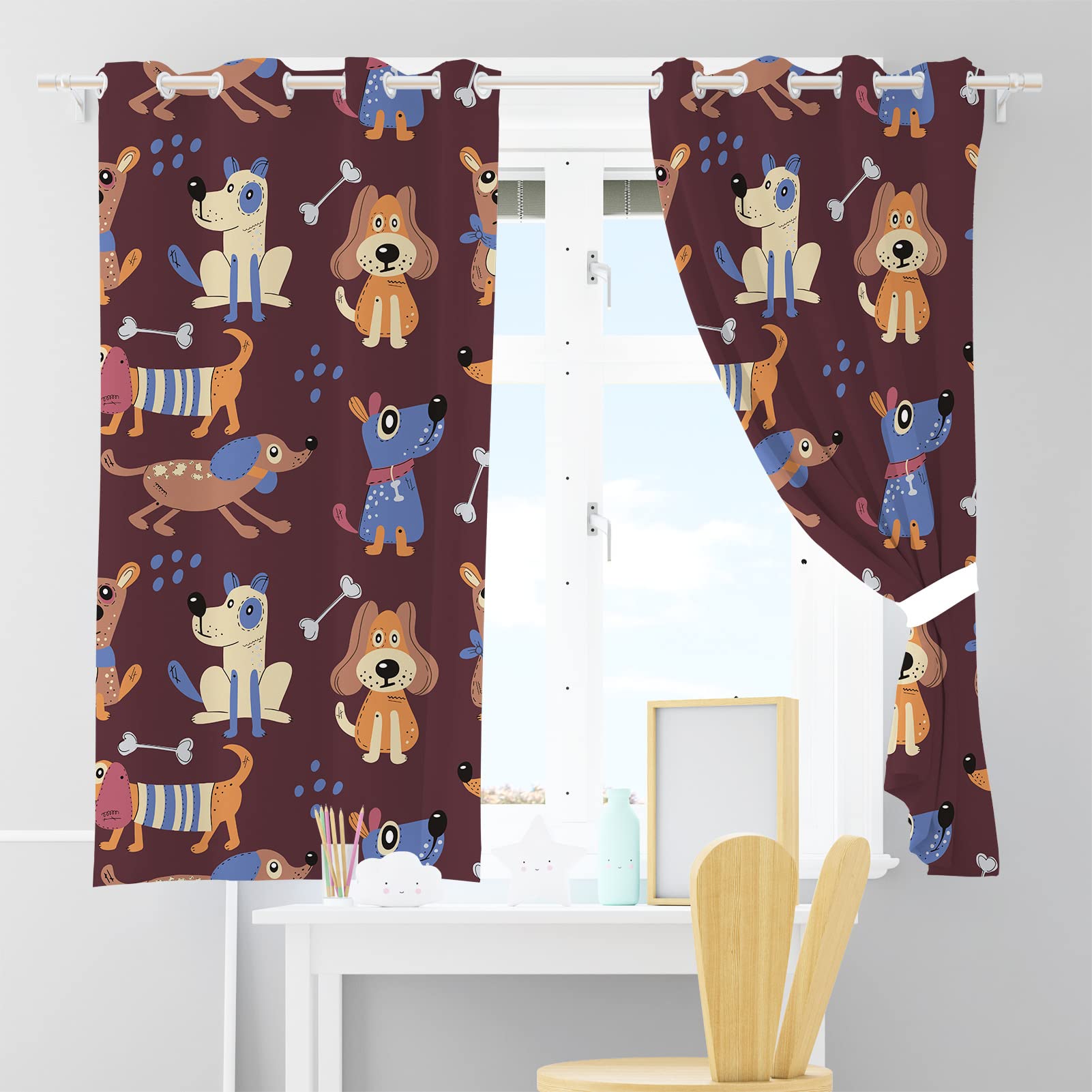 ANHOPE Kids Dog Curtains - Boys Girls Cartoon Animal Scandinavian Style Print Pattern Grommet Thermal Insulated Blackout Window Drapes for Children Toddler Nursery Baby Bedroom 2 Panels W29.5 x L65