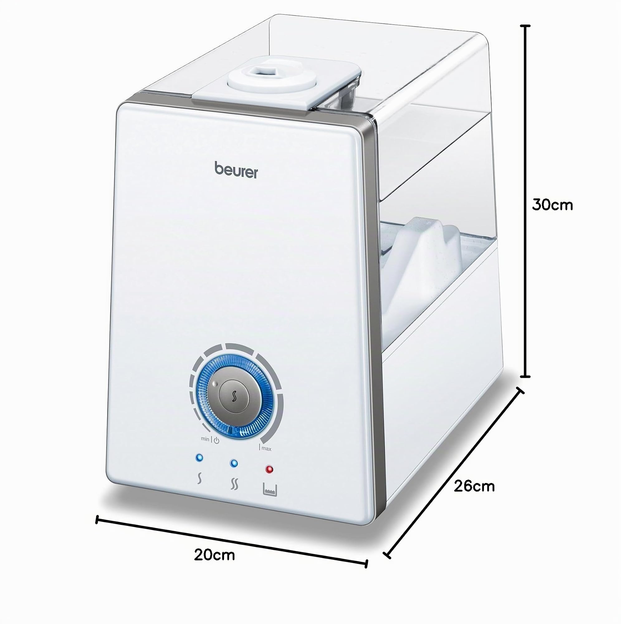 Beurer LB88 Humidificador Ultrasónico con Calentamiento de Agua, Silencioso, Hasta 48M2, Modo Noche, Máxima Nebulización 550Ml/H, Depósito de Agua Extráible Aceites Aromaticos, 280 W, Blanco