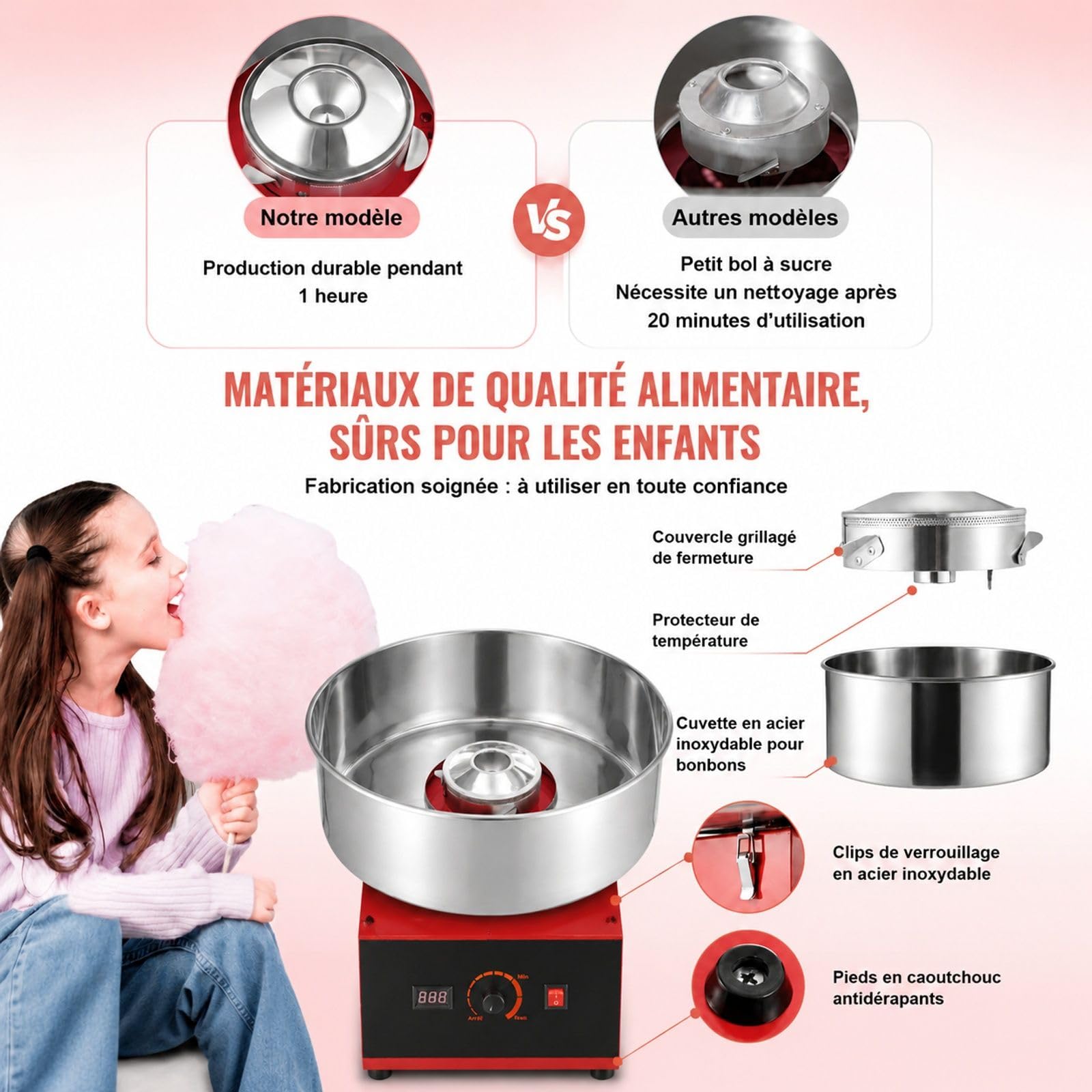 Machine à barbe à papa électrique 1000 W avec bol en acier inoxydable et cuillère à sucre, rouge, pour maison et réunions familiales