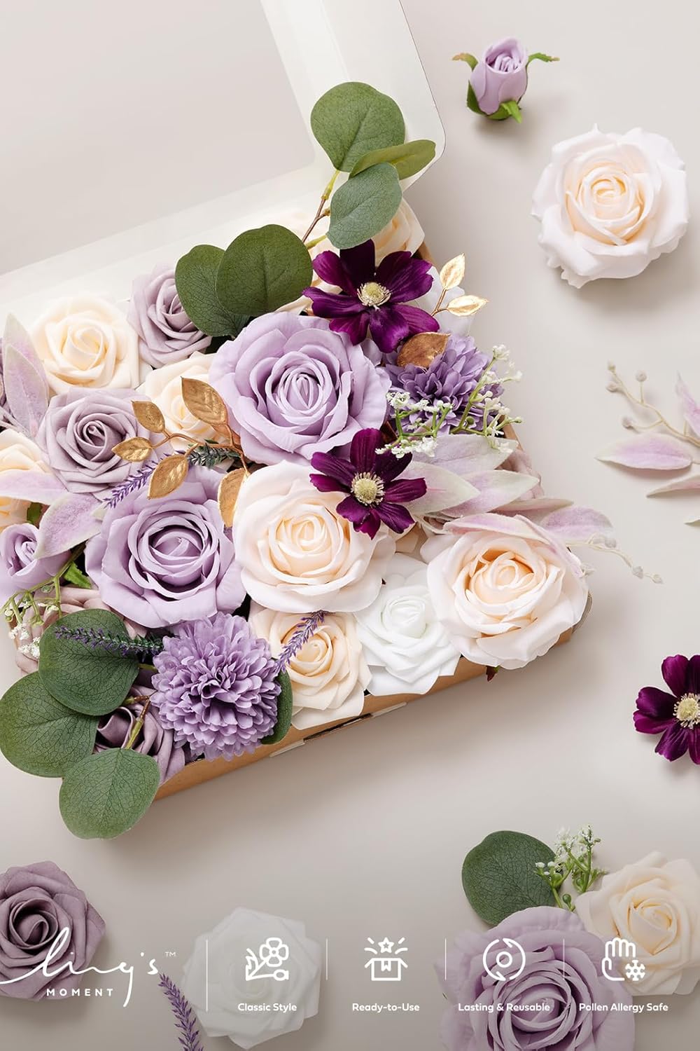 Ling's Moment Fake Flowers Box, Faux Artificial Greenery Stems Foam Roses Silk Eucalyptus Fabic Flower for Centerpieces Bouquet Wedding Vase Floral Arrangements Decorations, Lilac & Cream, Grand Combo - Image 4