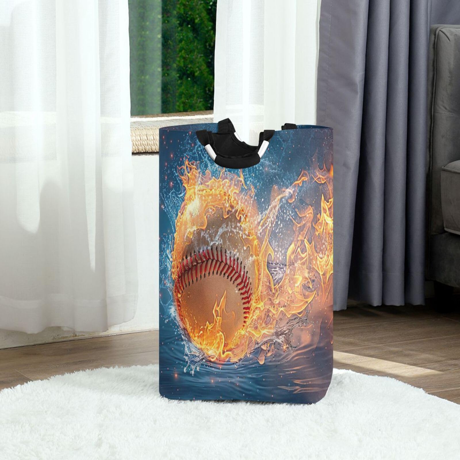 Jihqo Laundry Hamper Basket Fire Baseball Collapsible Nursery Storage Bin Waterproof Clothing Baskets for Home Bedroom Bathroom Washing Room