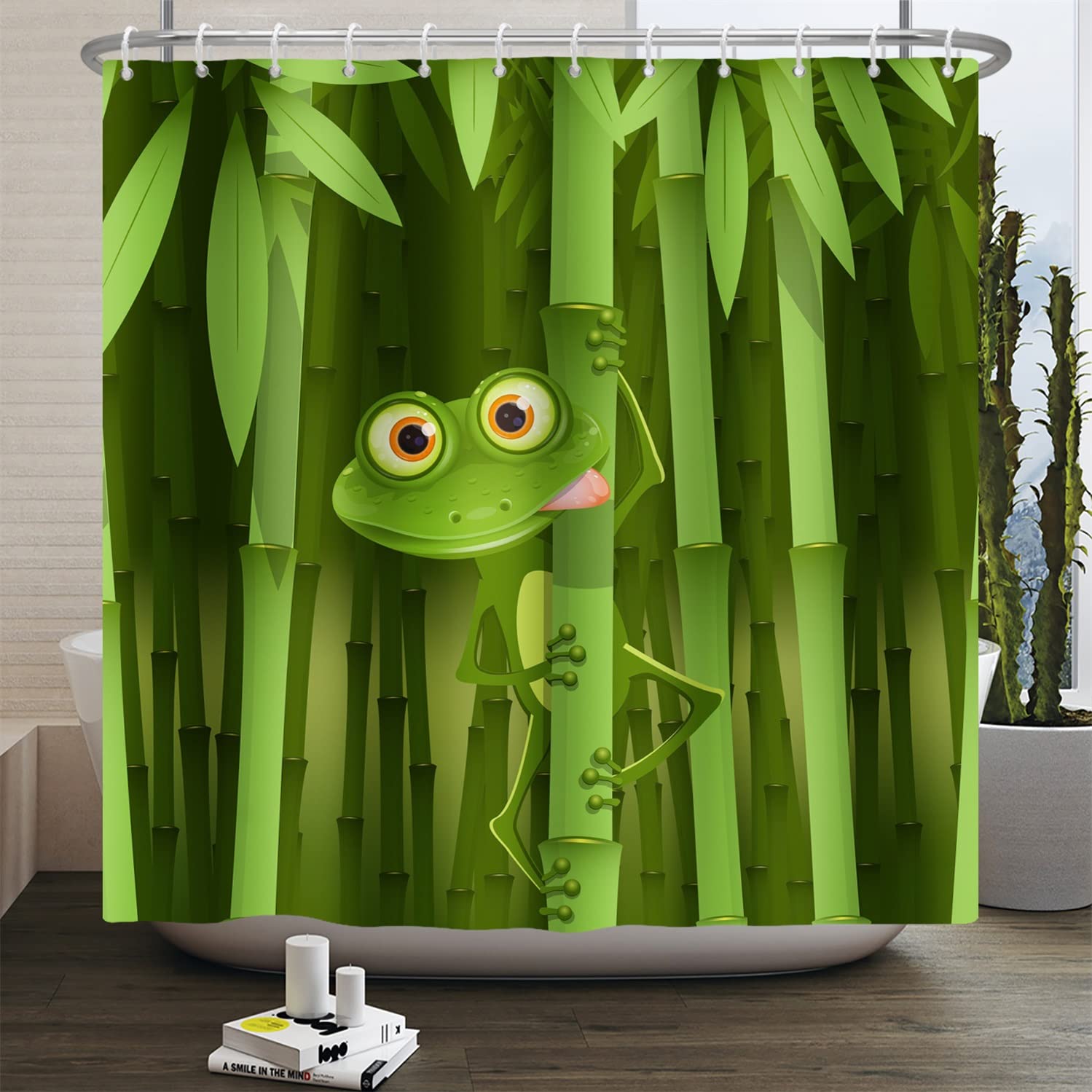 SDOTPMT 180x198cm Cute Frog Shower Curtain Funny Frog Bamboo Cartoon Animal Abstract Tree Leaves Bath Curtain Green Bathtub Curtain for Kids Bathroom Fabric Polyester Waterproof with Hooks - Image 3