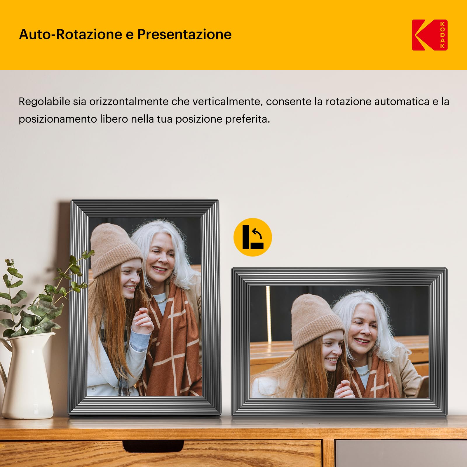 KODAK Cornice Digitale WiFi 10 Pollici RCF-1013W: Touch HD IPS In Legno, 32GB, Auto-rotazione, Condivisione App, Music E Video
