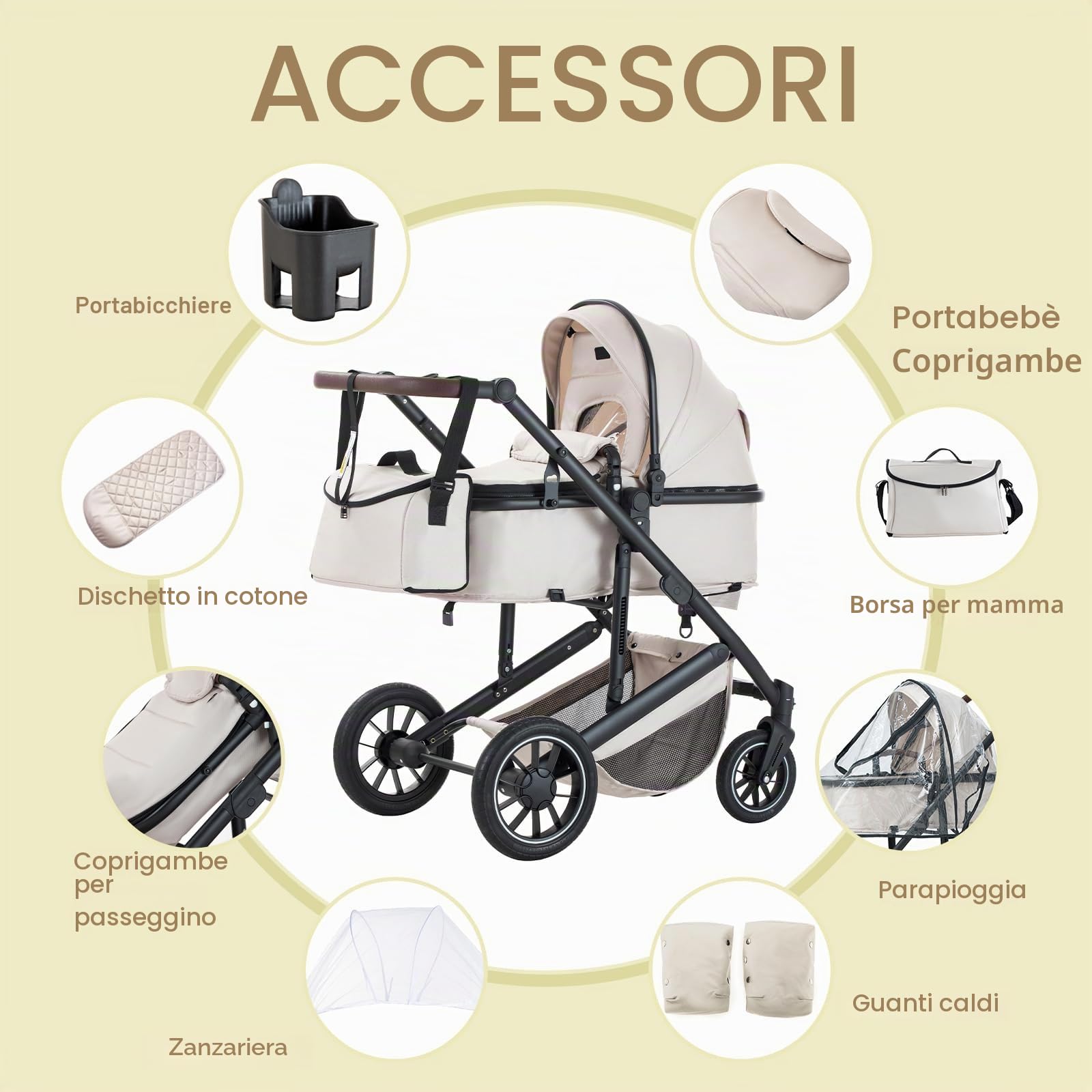 Passeggino 3 in 1,Stroller da Viaggio, Grigio-Set Passeggino e Seggiolino Auto, Passeggino Fronte Mamma con Zanzariera Parapioggia, Maniglia Regolabile, Telaio in Alluminio, 0-4, 22Kg