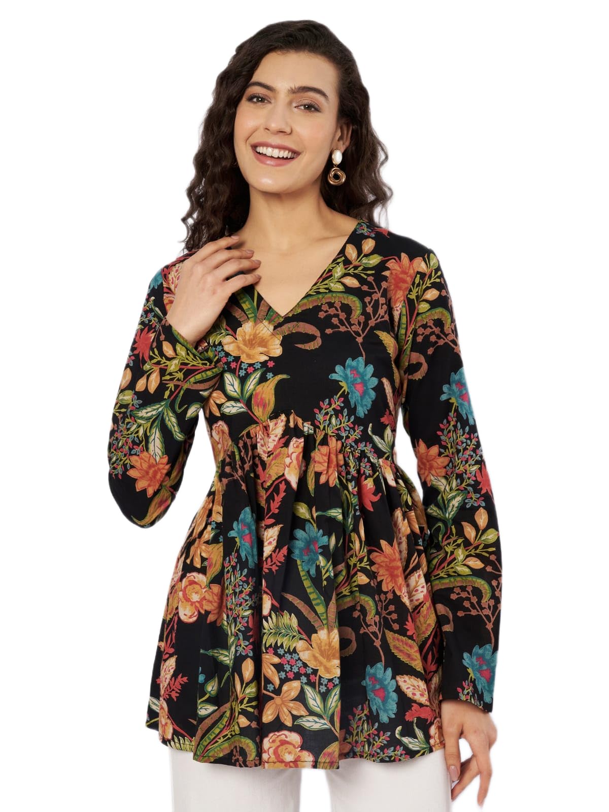 Cotton V Neck Anarkali Short Kurti for Women Full Sleeve Floral Print | Short Kurtis for Women on Jeans-picture-21