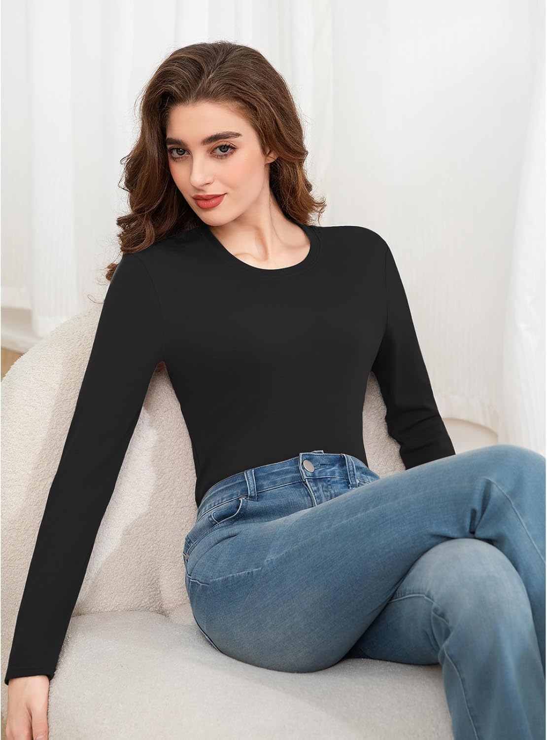 Slim Fitted Long Sleeve Shirts for Women Cotton Tee Tshirts Crewneck Undersrubs Plain Casual Undershirts Tops - Image 5