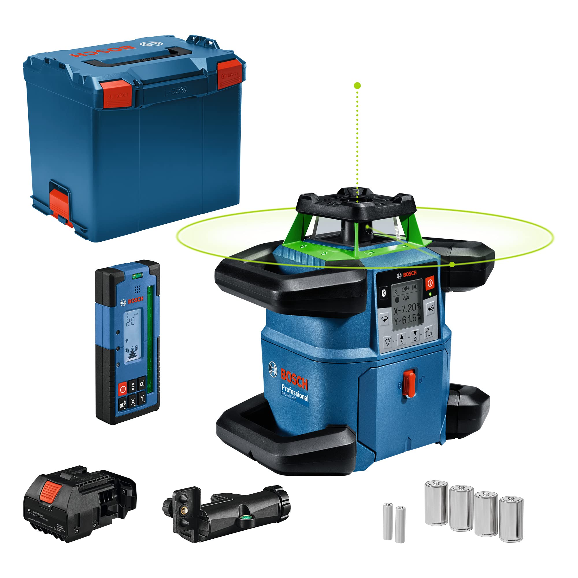 Bosch Professional 18V System laser rotatif GRL 650 CHVG (laser vert, mises à niveau extérieures, avec application dédiée, portée : jusqu’à 650 m, dans L-boxx)