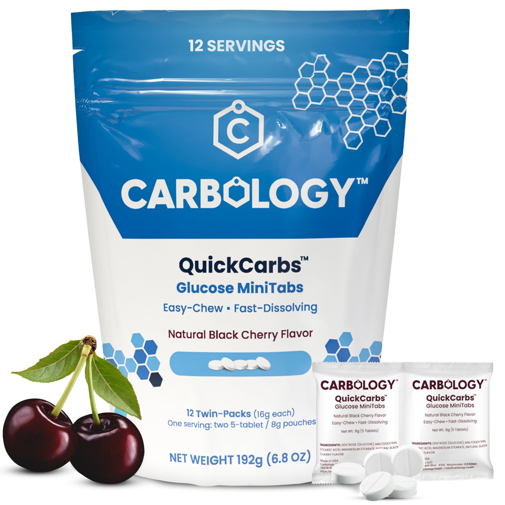Carbology QuickCarbs MiniTabletes mastigáveis de glicose de dissolução rápida, 1,6 g, 12 pacotes duplos