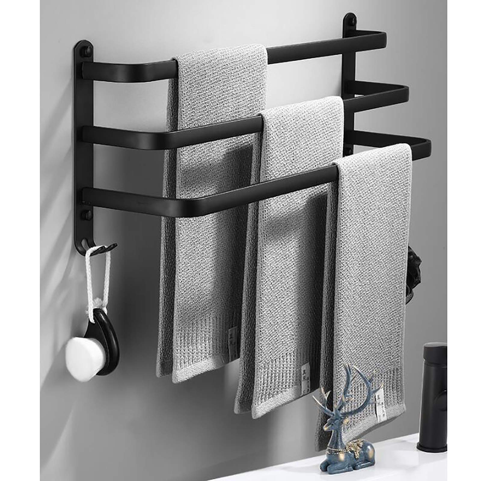 Portasciugamani da Bagno Nero a Parete, Portasciugamani da Bagno a Tre Strati, Portasciugamani in Alluminio Spazio Impermeabile e Antiruggine per Cucina, Doccia, Hotel/60Cm