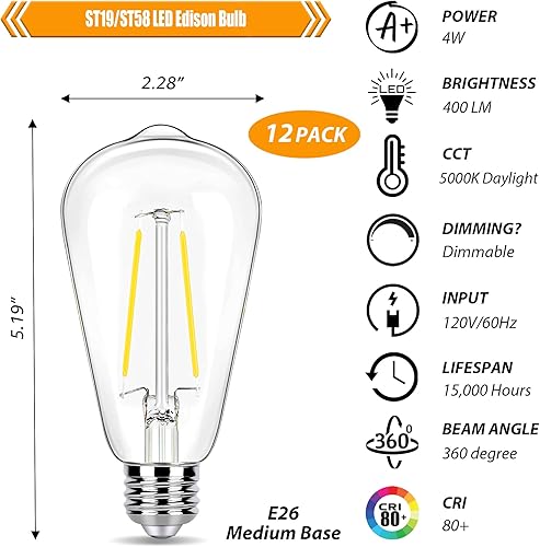 Miniatura 9 de Paquete de 12 bombillas LED Edison equivalentes a 40 vatios, bombilla LED vintage de 4 W, bombilla blanca suave ST19 de 2700 K, base E26 de 350 lm