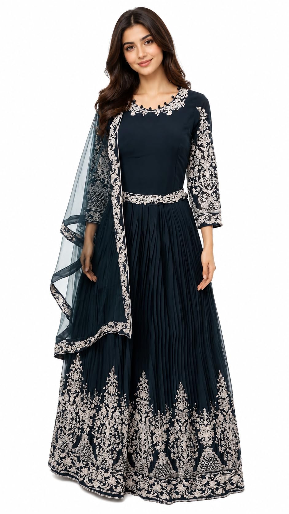 Women's Teal Embroidered Anarkali Gown with Dupatta-image-33