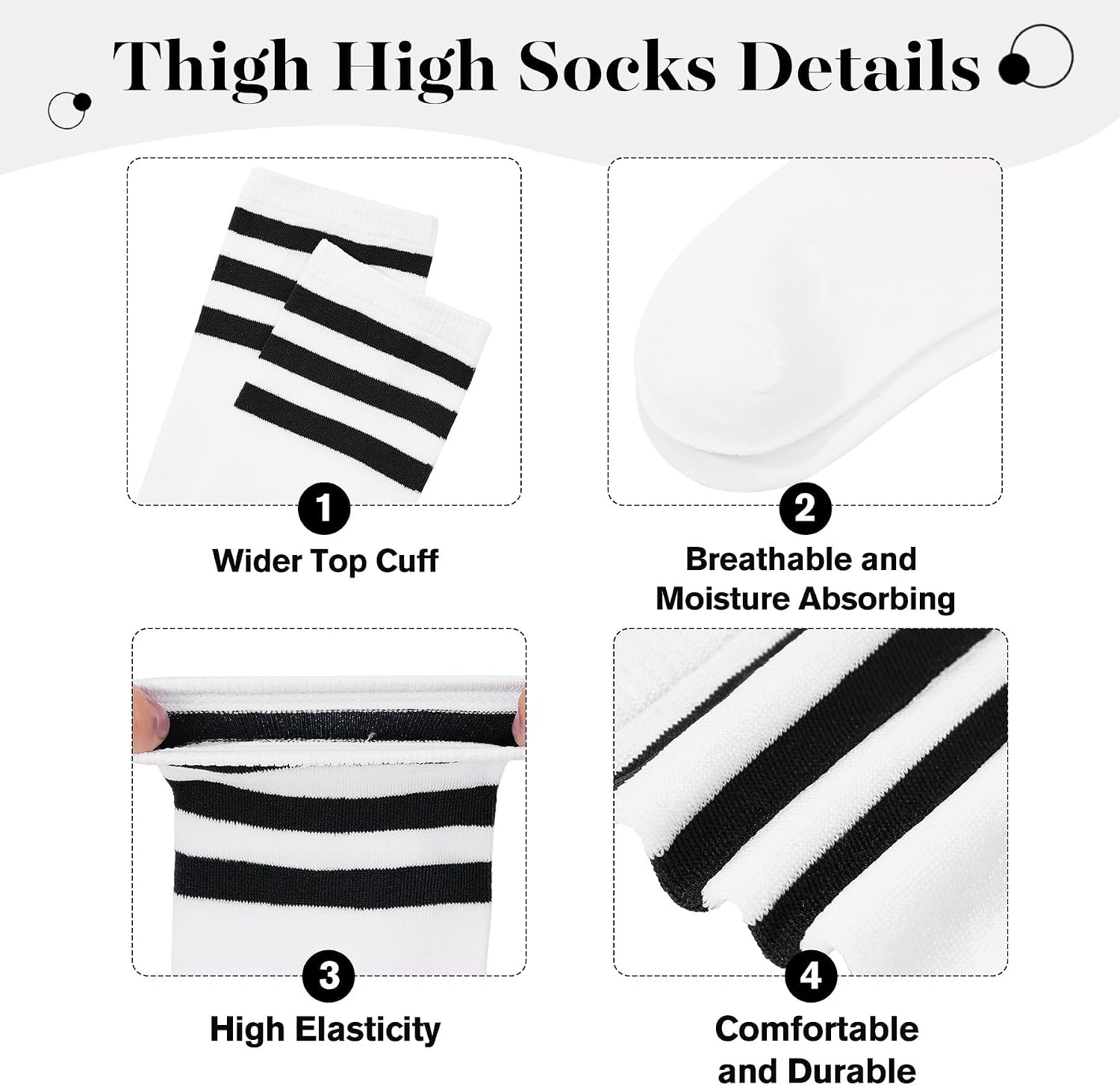 Zando 6-Pack Striped Thigh High Socks for Women Cotton Thigh Highs