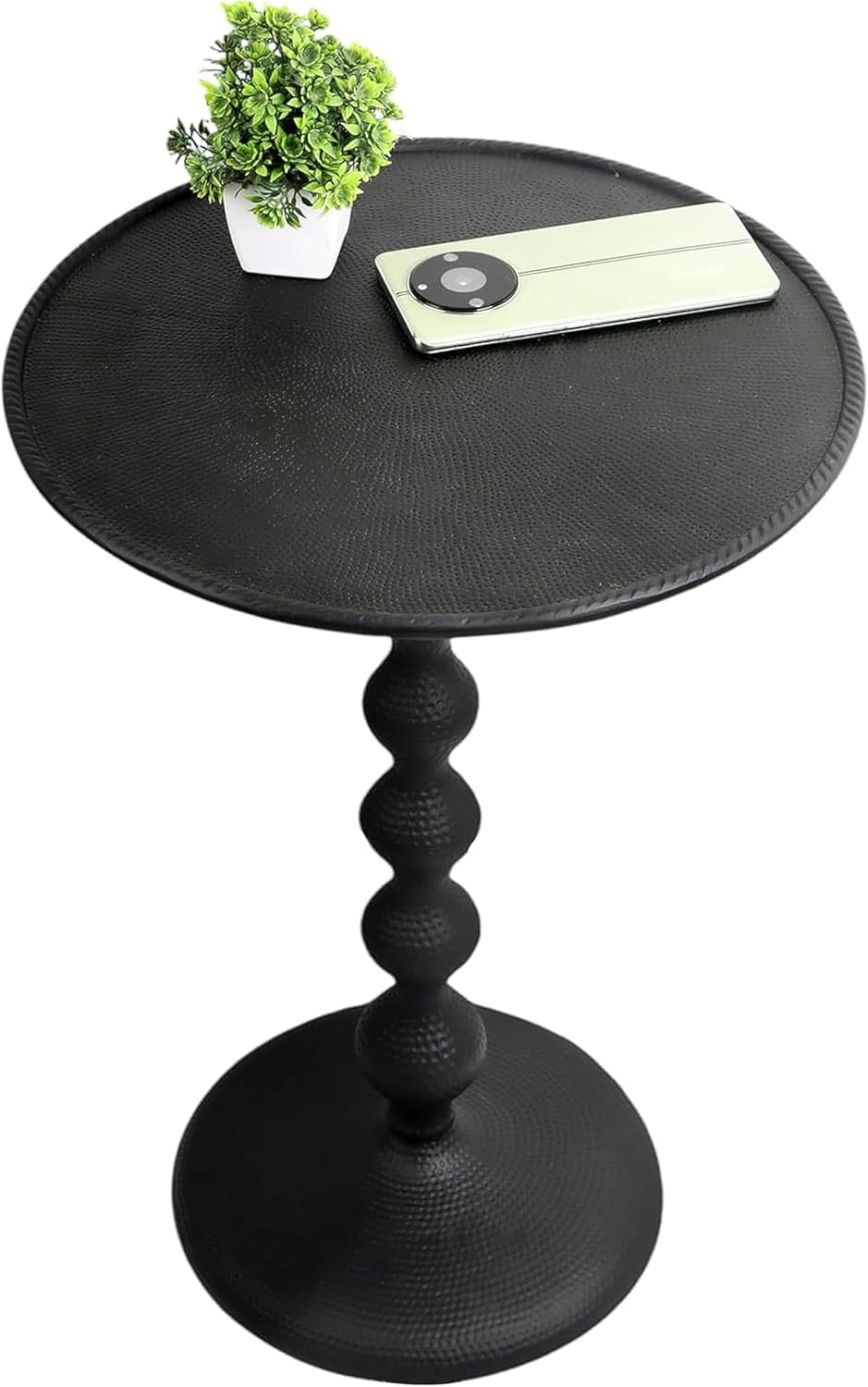 CLEENTABLE Round Metal Accent End Table – Modern Black Bedside Side Table with Hammered Top for Living Room, Bedroom, Balcony & Small Spaces, Easy Assembly Minimalist Design, 21" (Black)