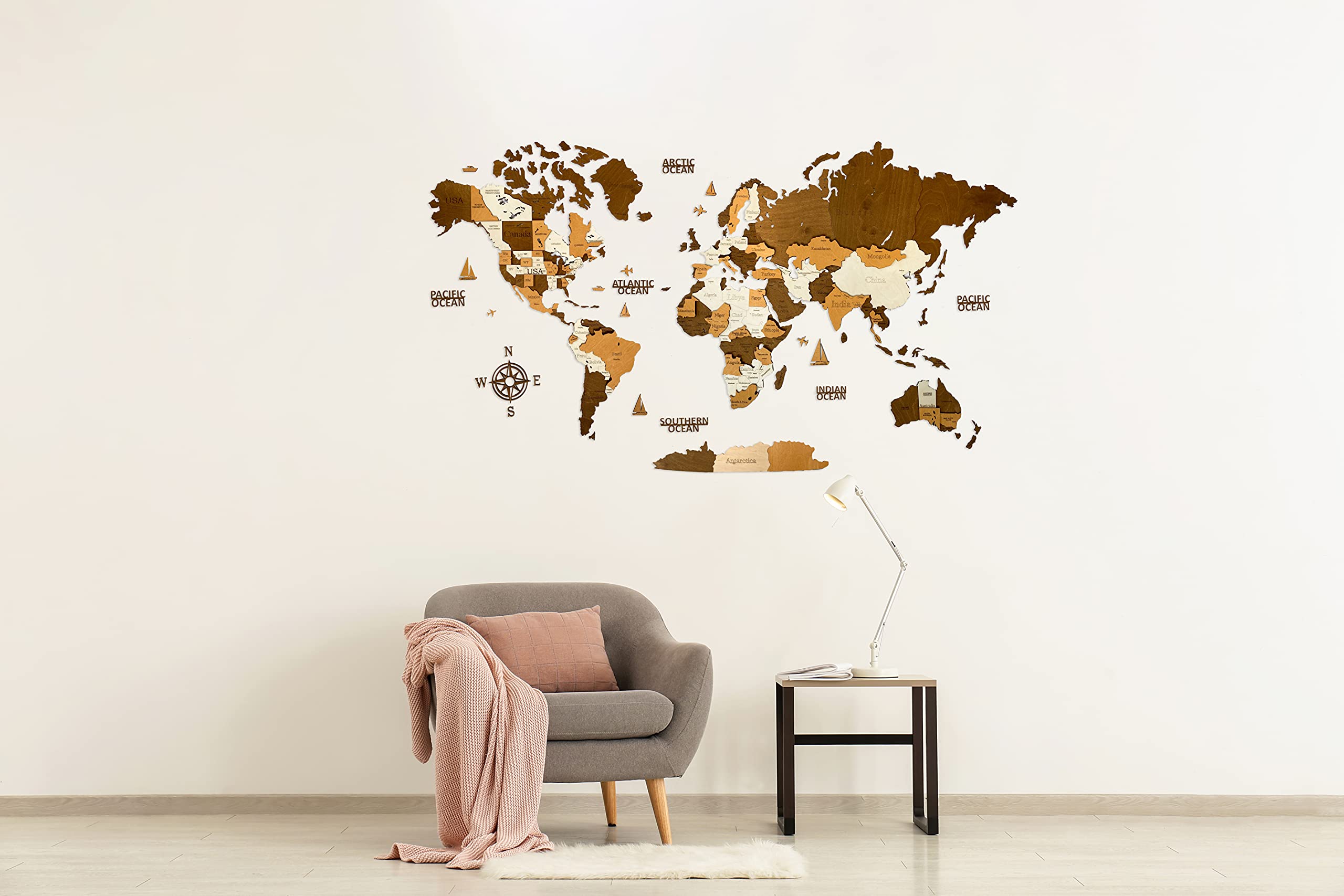 Woodvio Mapa Mundial de Madera 3D, Arte Decorativo para Pared para Decoración de Hogar y Oficina - tamaño Grande (160x85cm)